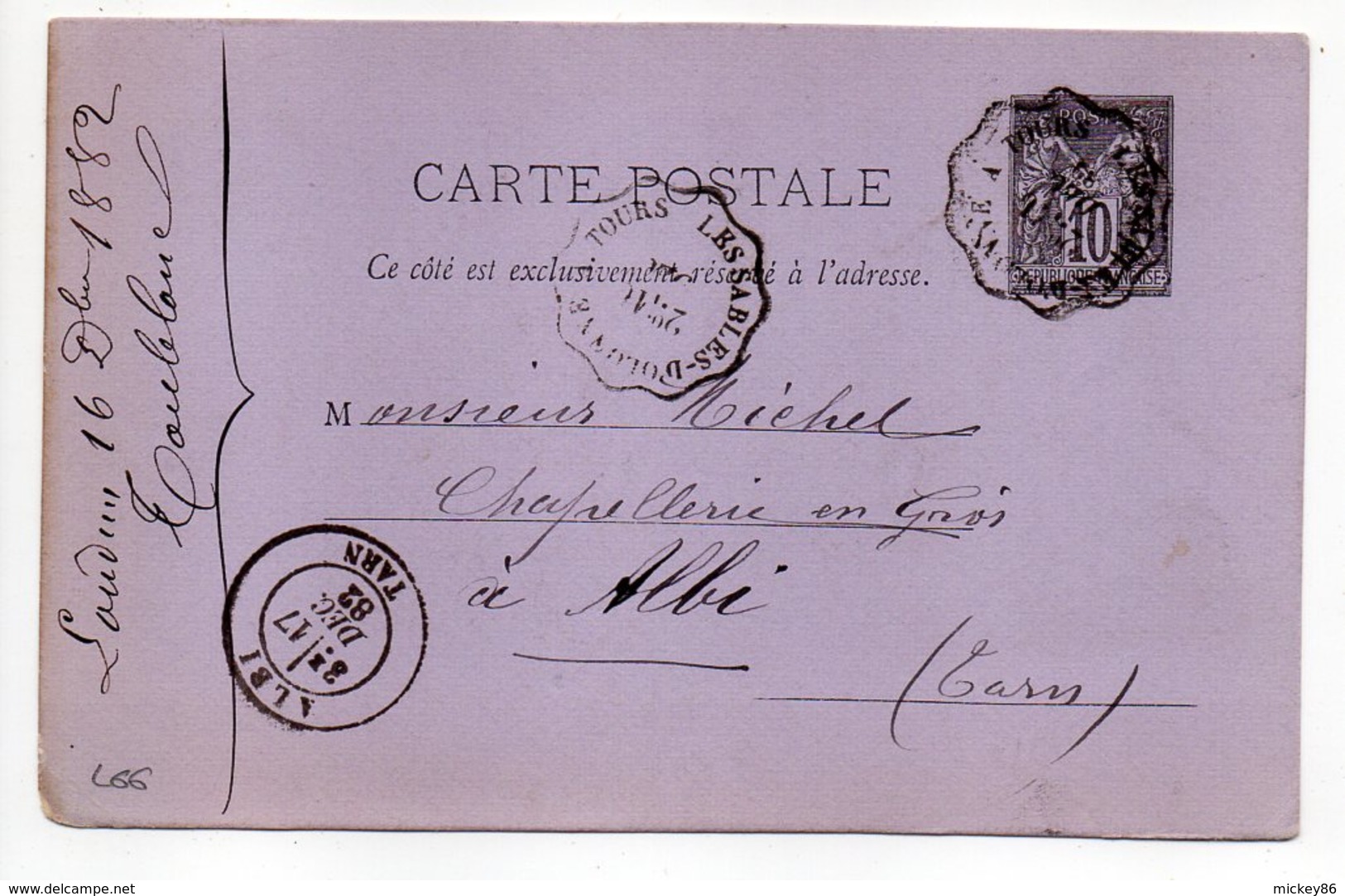 1882--entier Carte Postale SAGE  10c Noir -cachet Ambulant"Les Sables D'Olonne à Tours"-Albi --Loudun -86 - Standaardpostkaarten En TSC (Voor 1995)