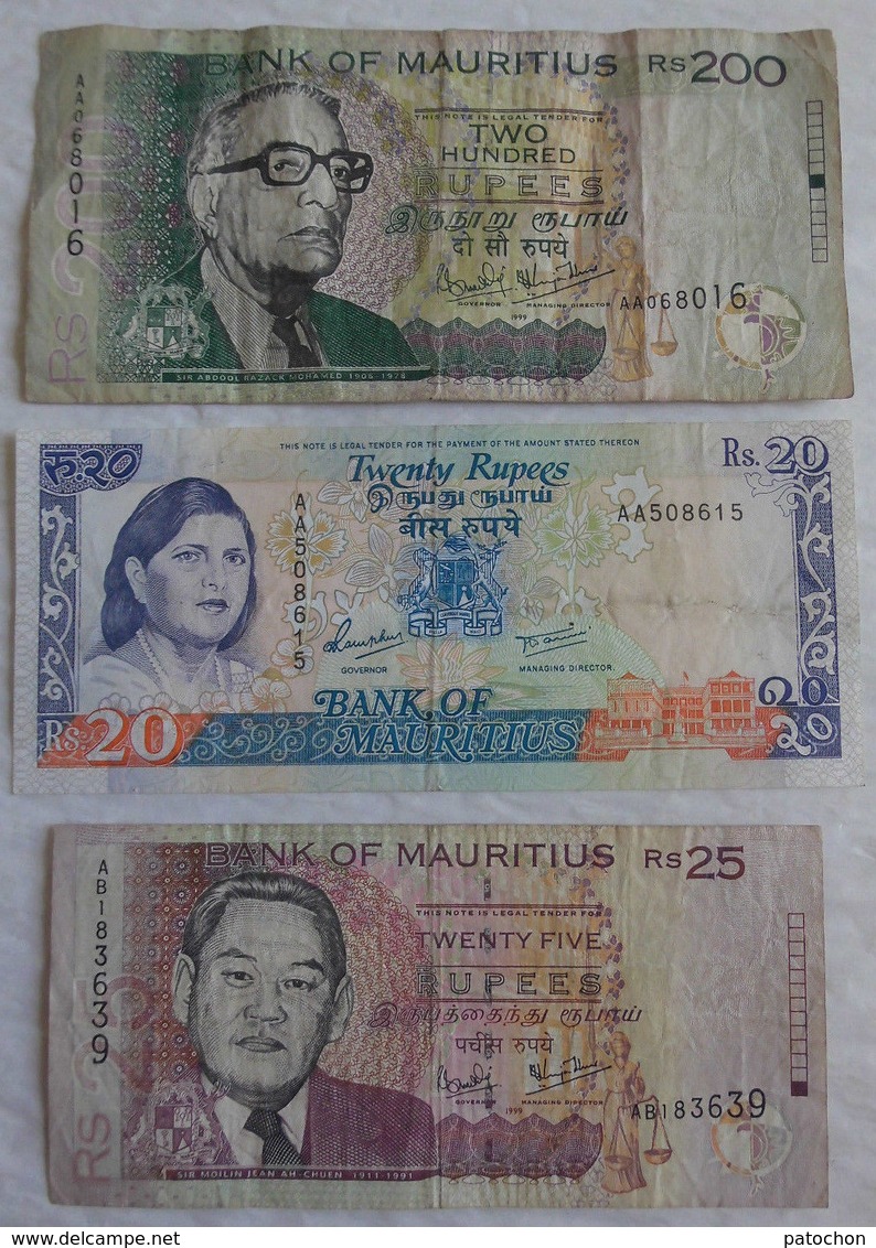 3 Billet De Banque De Mauritius 20 / 25 / 200 Rupees. - Maurice