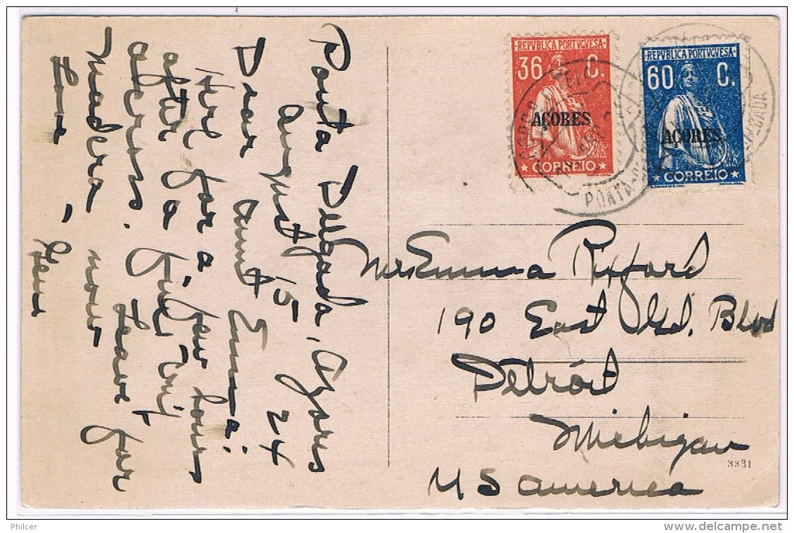 Açores, 1924, # 183, 185, Ponta Delgada-Michigan - Açores