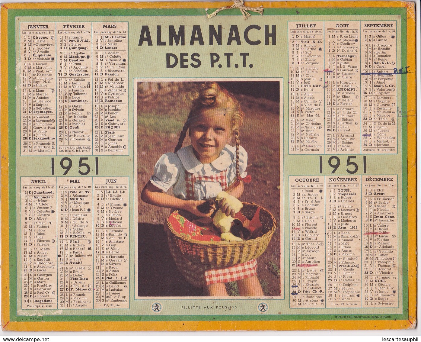 Almanach Des P.T.T 1951 Fillette Aux Poussins - Tamaño Grande : 1921-40