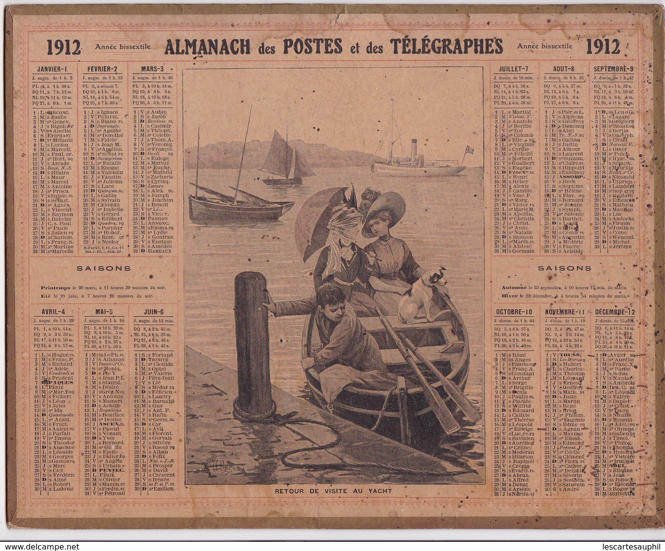 Almanach Des Postes Et Telegraphes 1912 Elegantes Retour De Visite Au Yacht Illustré Signé Chien Canot Enfant - Groot Formaat: 1921-40