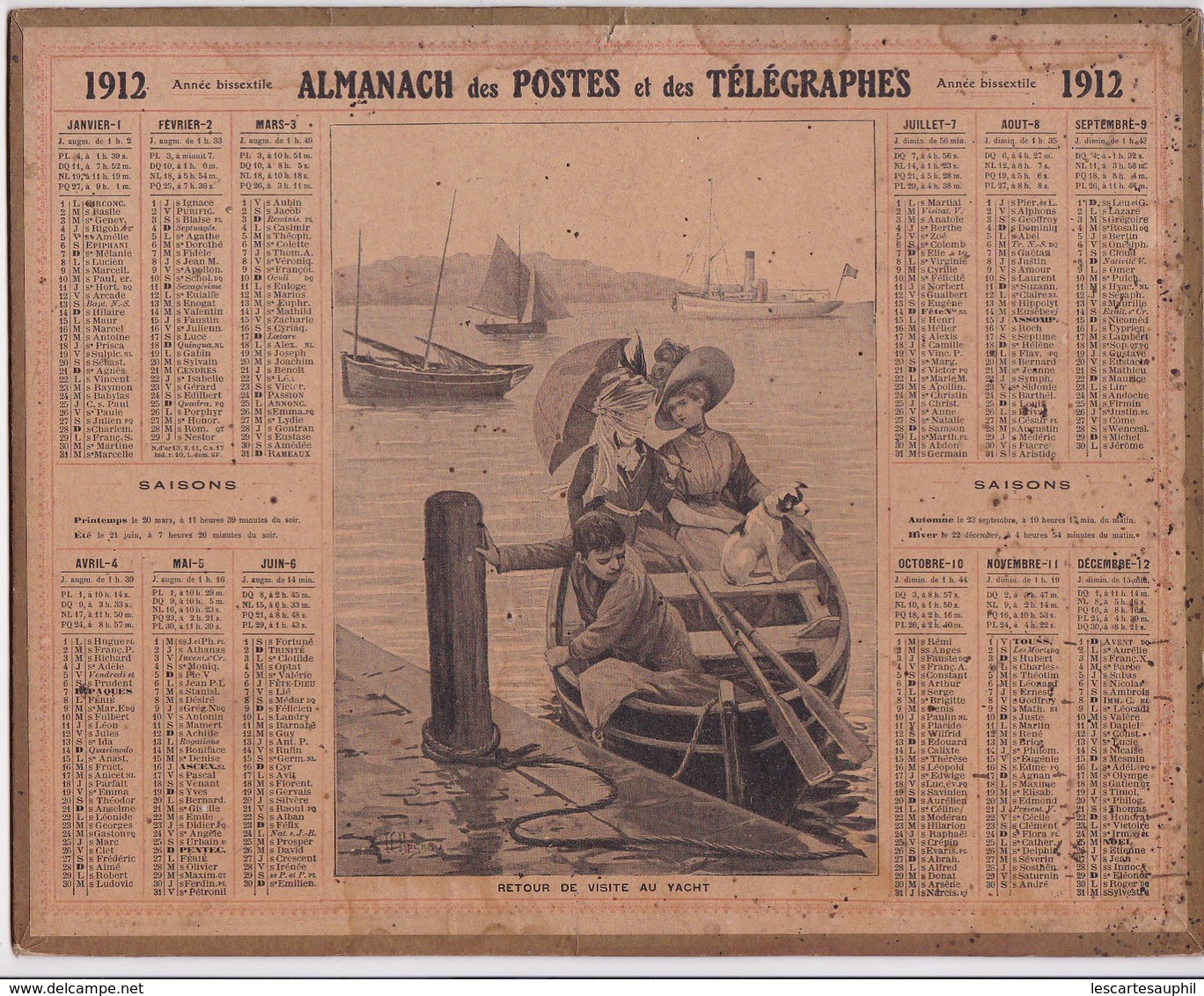 Almanach Des Postes Et Telegraphes 1912 Elegantes Retour De Visite Au Yacht Illustré Signé Chien Canot Enfant - Tamaño Grande : 1921-40