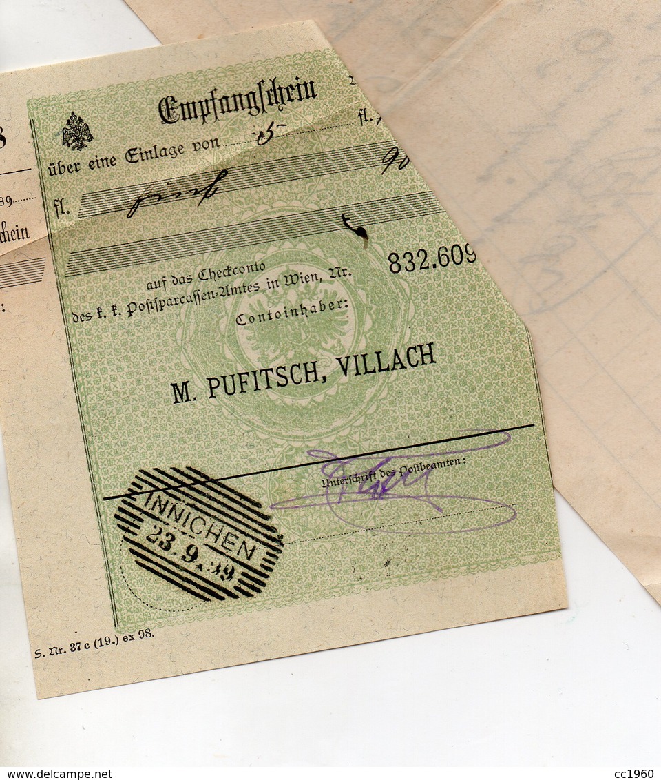 Austria - Villach - Fattura Della Ditta " M. Pufitsch "  Con Ricevuta Di Impostazione Datata  1/9/1899 - (FDC9976) - Austria