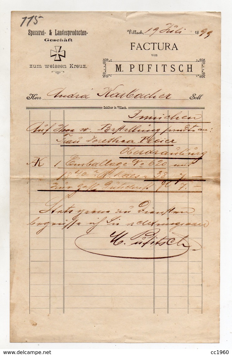 Austria - Villach - Fattura Della Ditta " M. Pufitsch "  Con Ricevuta Di Impostazione Datata  19/7/1899 - (FDC9977) - Autriche