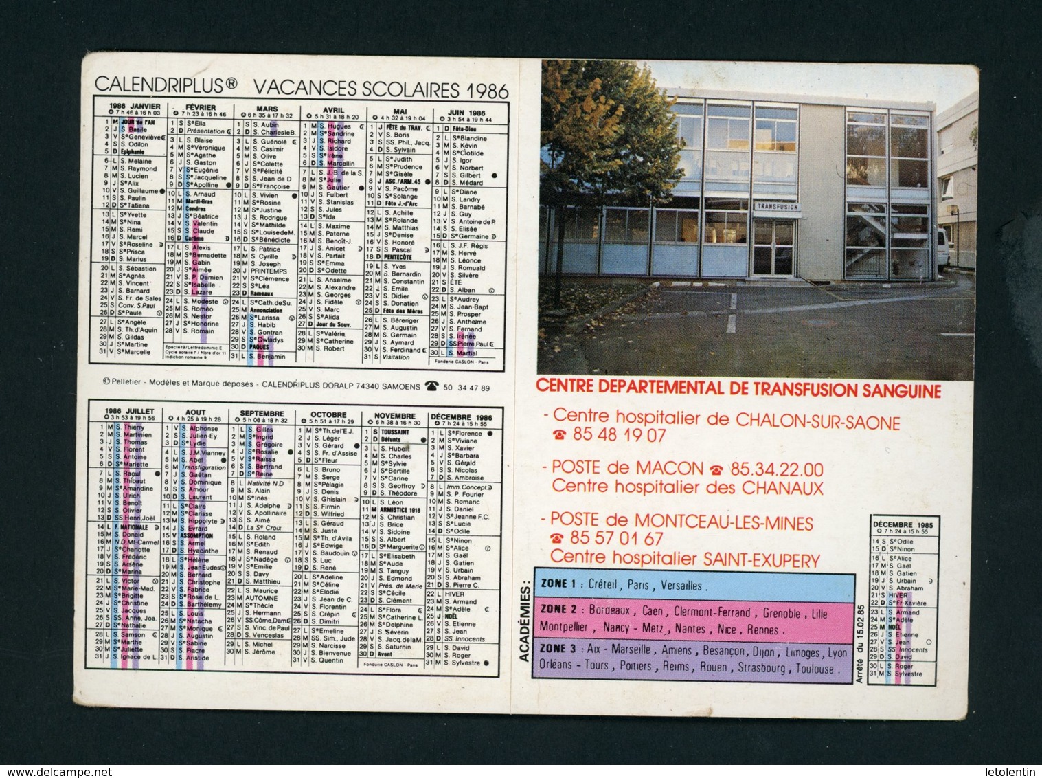CALENDRIER PETIT FORMAT 2 VOLETS 1986 DISTRIBUÉ PAR CENTRE DÉPARTEMENTAL DE TRANSFUSION SANGUINE - Petit Format : 1981-90
