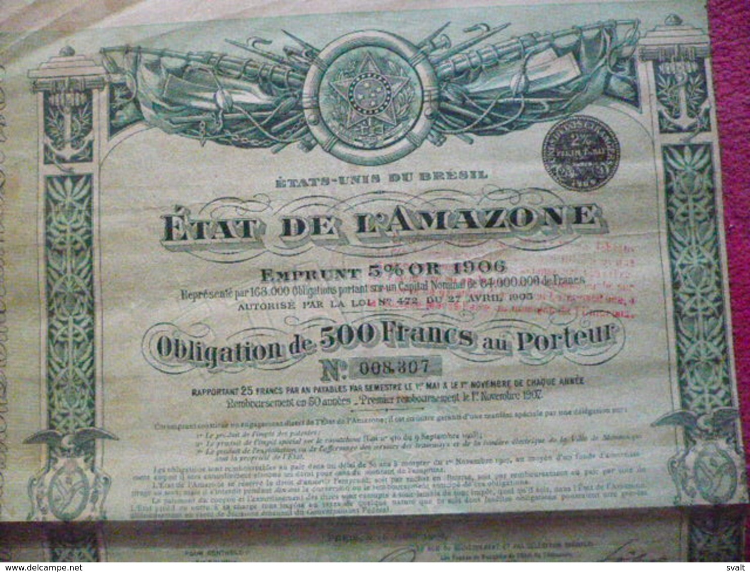 BRASIL :  :Etat Unis Du Brésil   Etat De L' Amazonie  Bond / Obligation 500 Frs  Loan 5 % Gold / Emprunt Or  1906 - Sonstige & Ohne Zuordnung