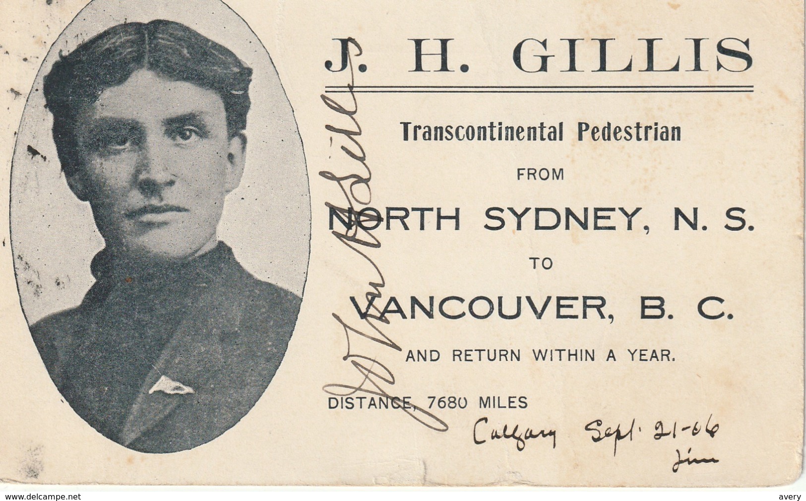 J. H. Gillis Transcontinental Pedestrian From North Sydney, Nova Scotia To Vancouver Return Autographed - Other & Unclassified