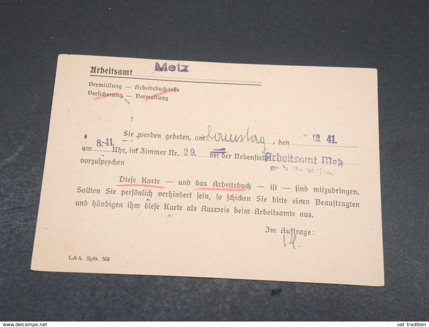 ALLEMAGNE - Carte Officielle Du Travail De Metz Pour Metz En 1941 - L 17673 - Lettres & Documents