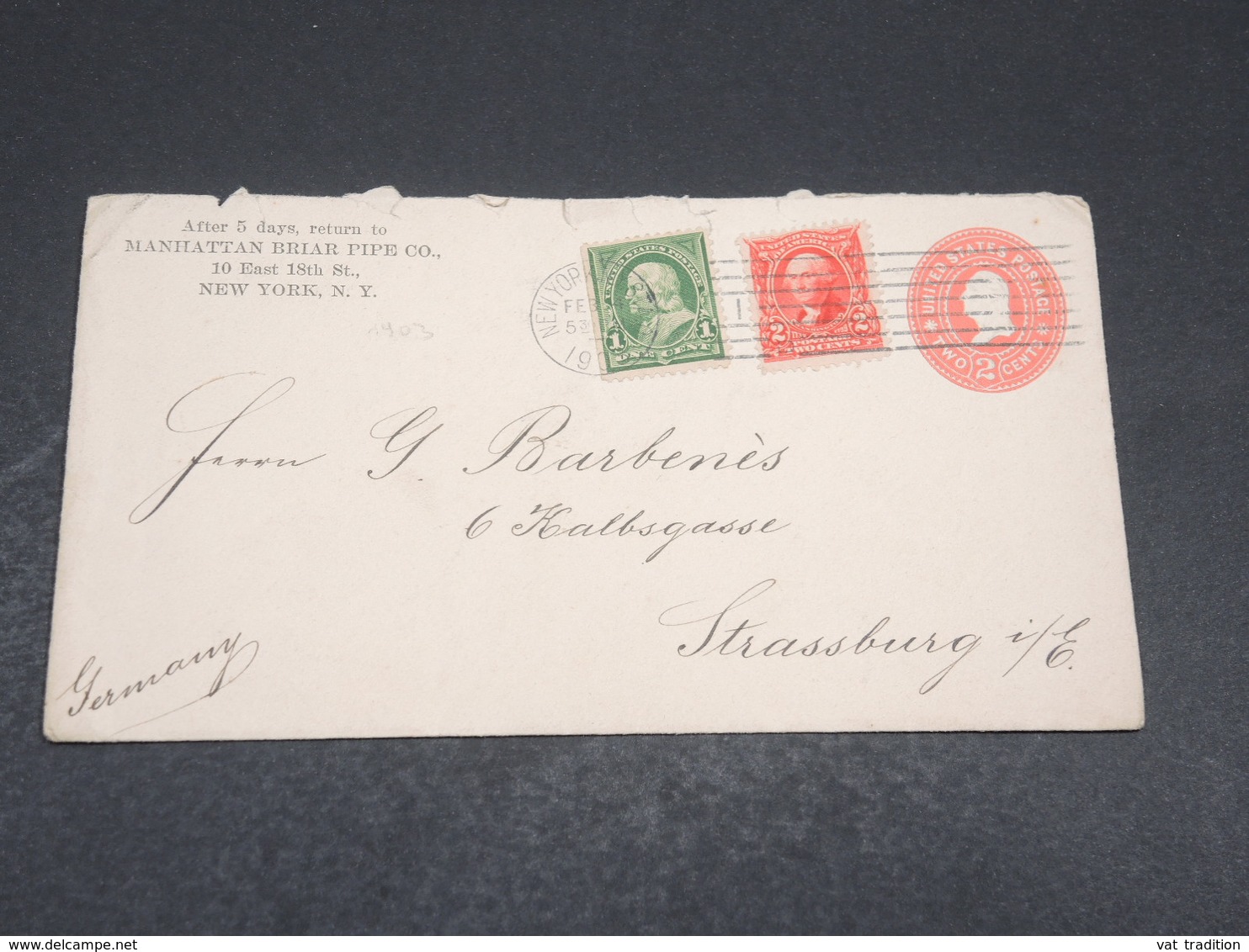 ETATS UNIS - Entier Postal Commercial De New York Pour Strasbourg En 1903 - L 17680 - 1901-20