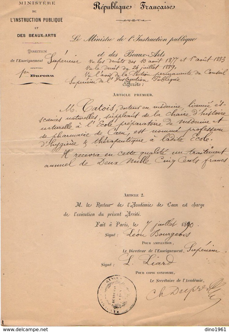 VP12.132 - PARIS 1890 - République Française - Arrêté Concernant Mr CATOIS Docteur En Médecine Et Pharmacie De CAEN - Documents Historiques