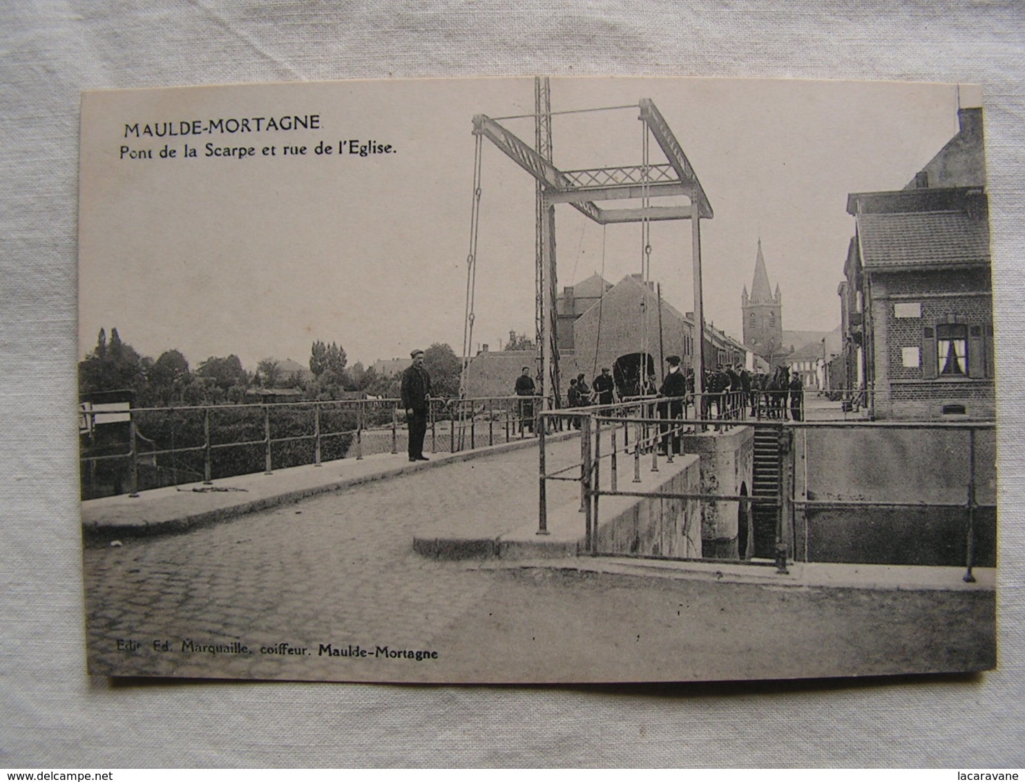 Cpa  59 Nord Maulde Mortagne Pont De La Scarpe Et Rue De L'eglise Animée  Ed Marquaille Coiffeur 198 - Autres & Non Classés