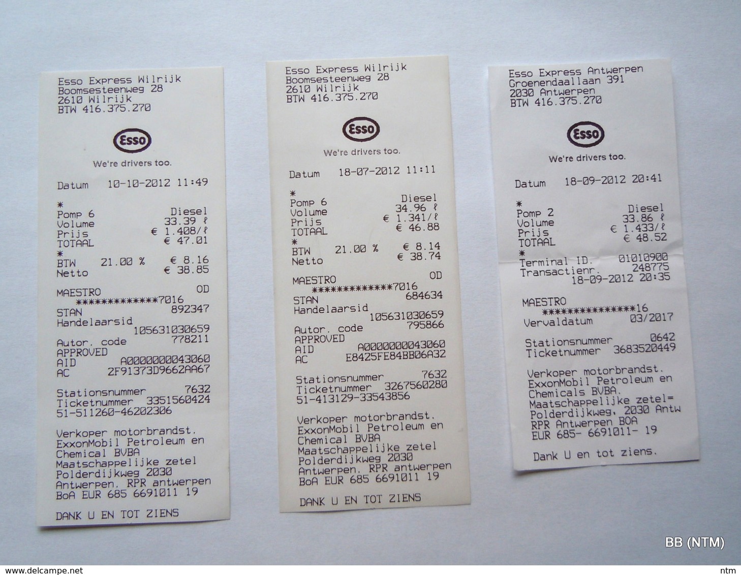 BELGIUM 2012. Esso Express Fuel - Diesel Payment Receipts X 3 - 1950 - ...