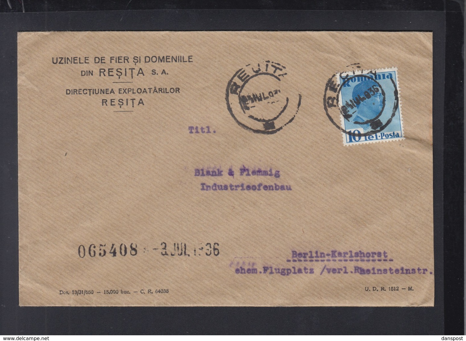 Romania Cover 1936 Resita To Berlin - Cartas & Documentos