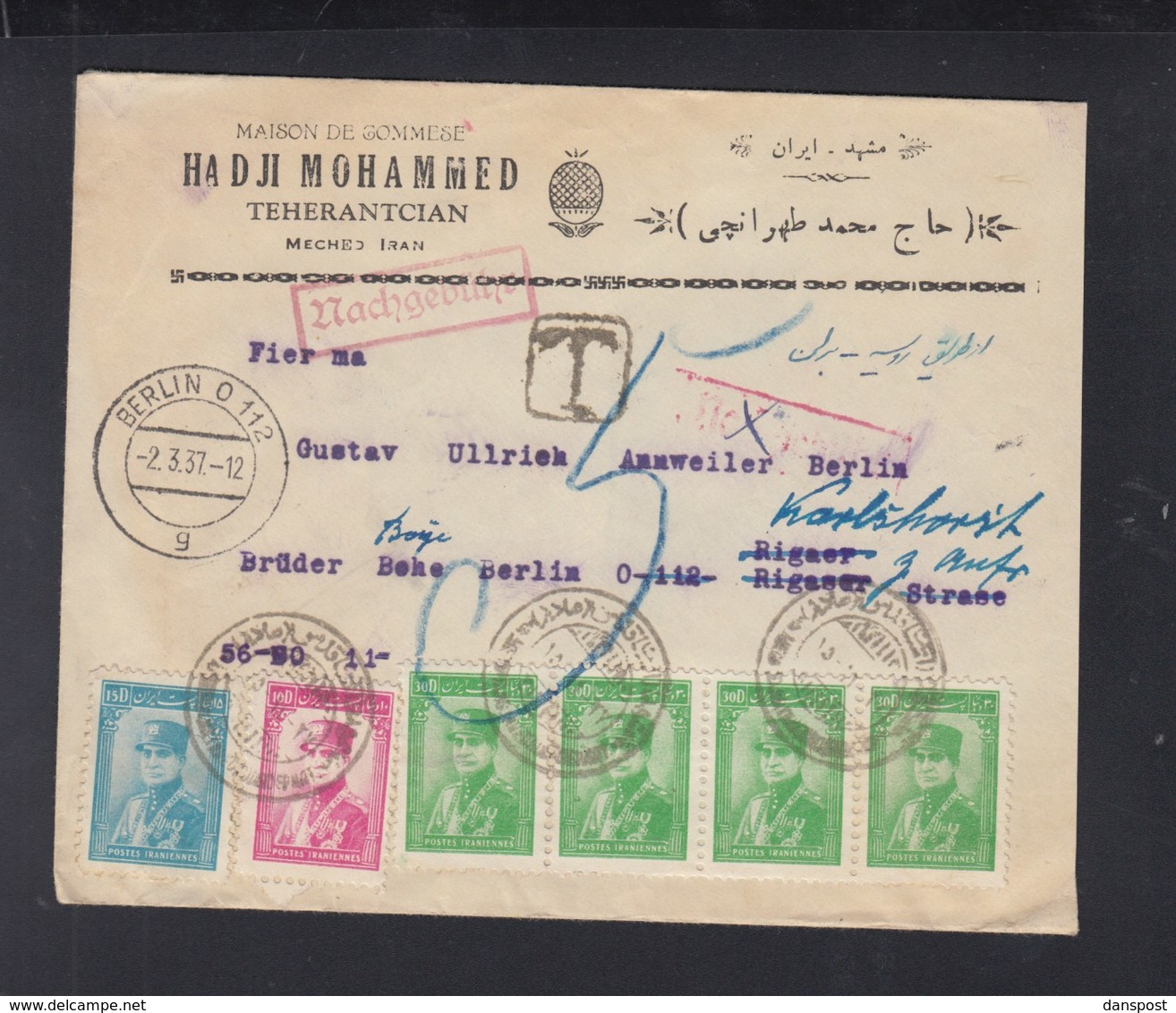 Persia Iran Cover 1937  To Berlin Tax - Iran