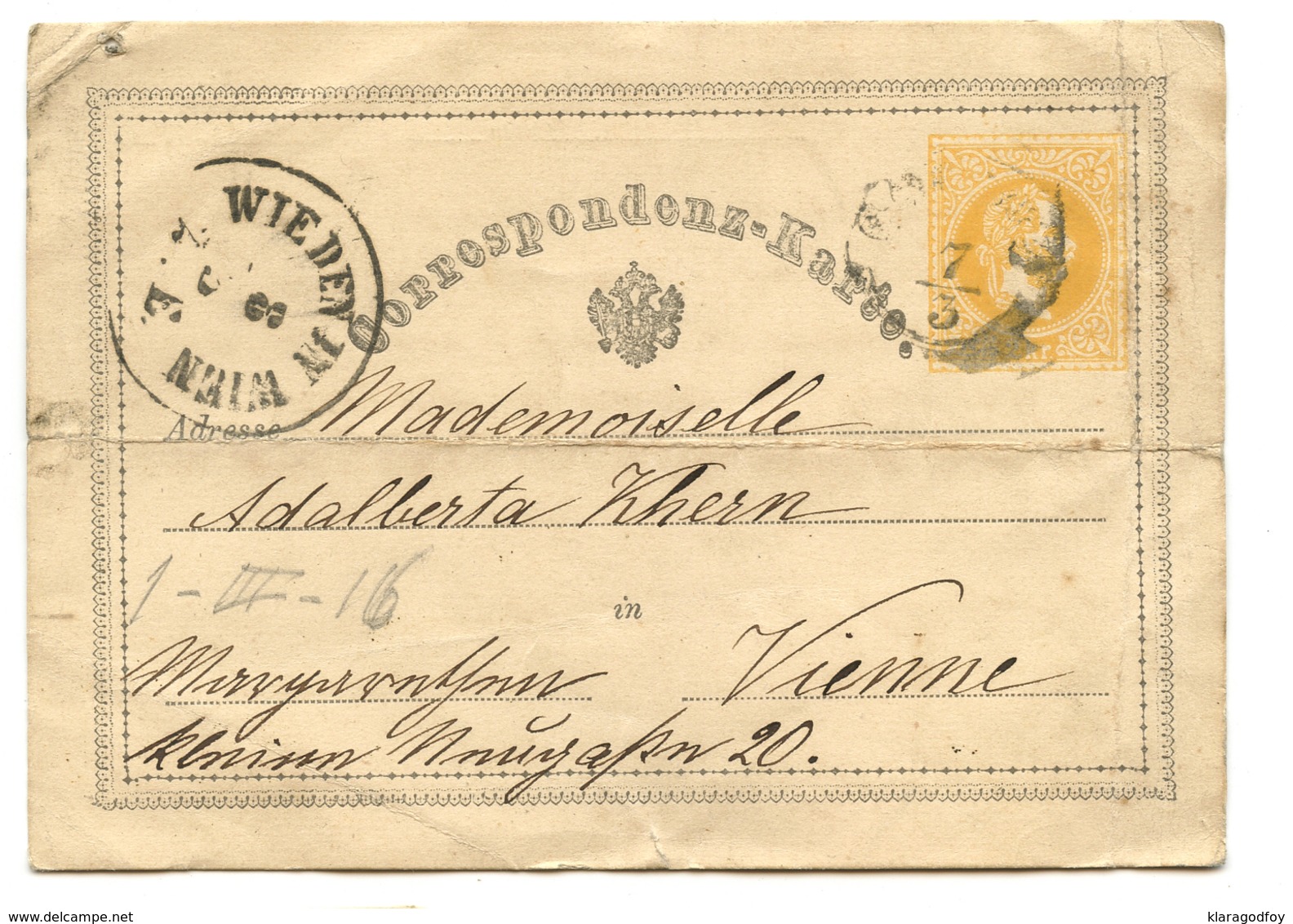 Austria Postal Stationery Postcard Correspondenz-Karte Travelled 1872 To Wien B180525 - Sonstige & Ohne Zuordnung