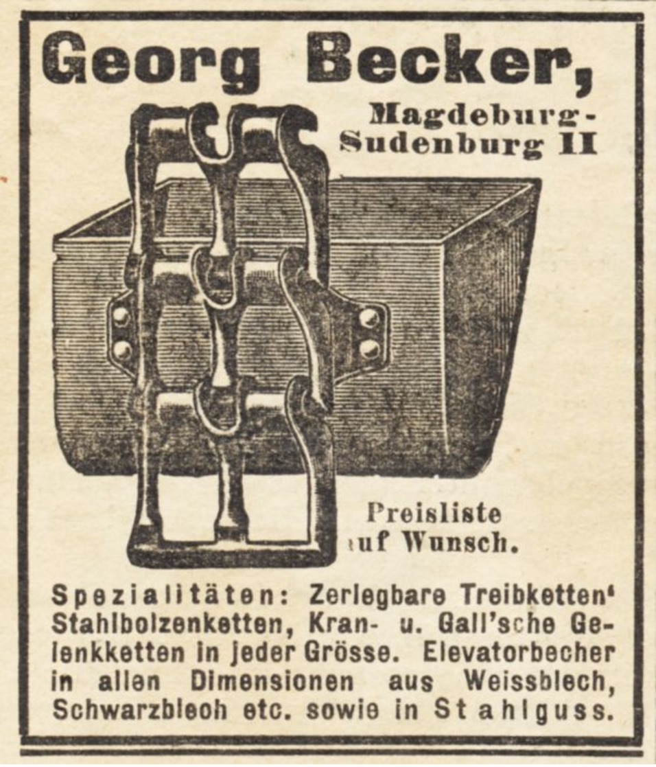 Original-Werbung/ Anzeige 1908 - TREIBKETTEN / ELEVATOR-BECHER / GEORG BECKER - SUDENBURG - Ca  45 X 55 Mm - Werbung