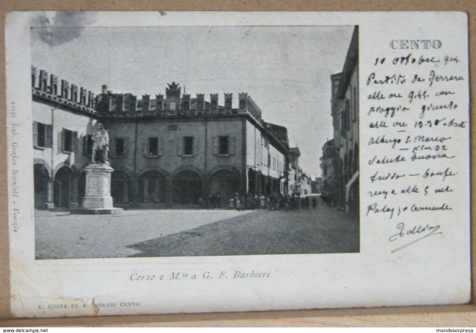 CENTO (FERRARA) CORSO E MONUMENTO  A G. F. BARBIERI - ANIMATA  VIAGGIATA 1904 - Ferrara