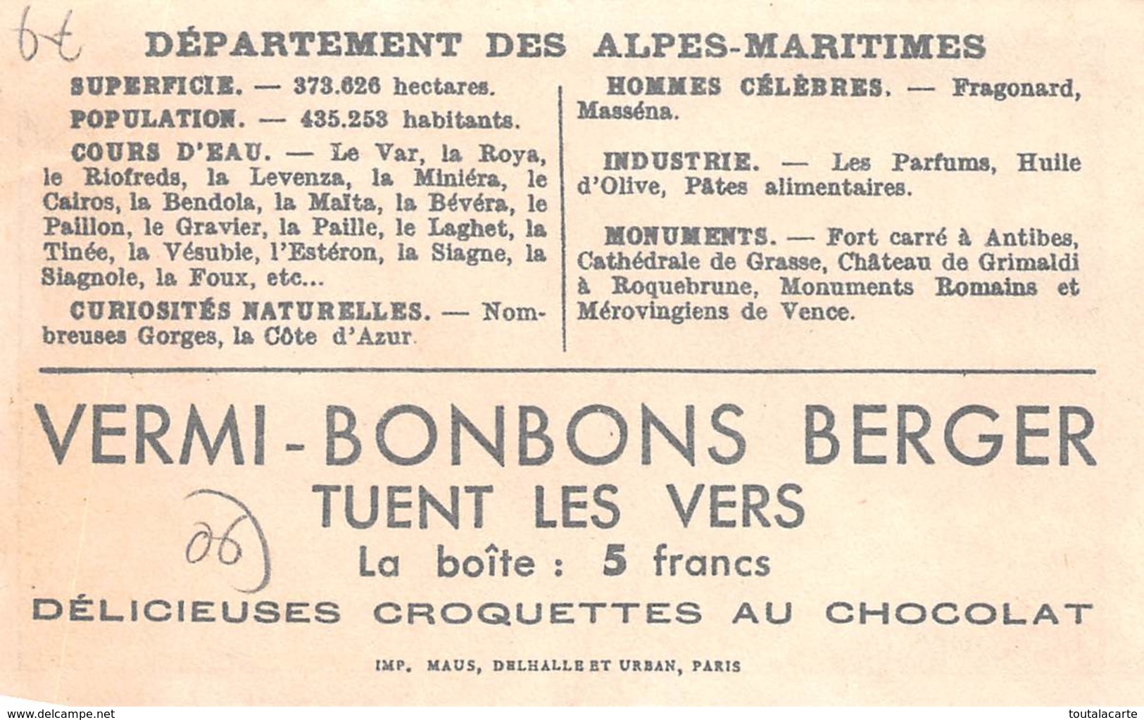 PETITE CARTE ALPES MARITIMES OFFERTE PAR VERMI BONBONS BERGER - Autres & Non Classés