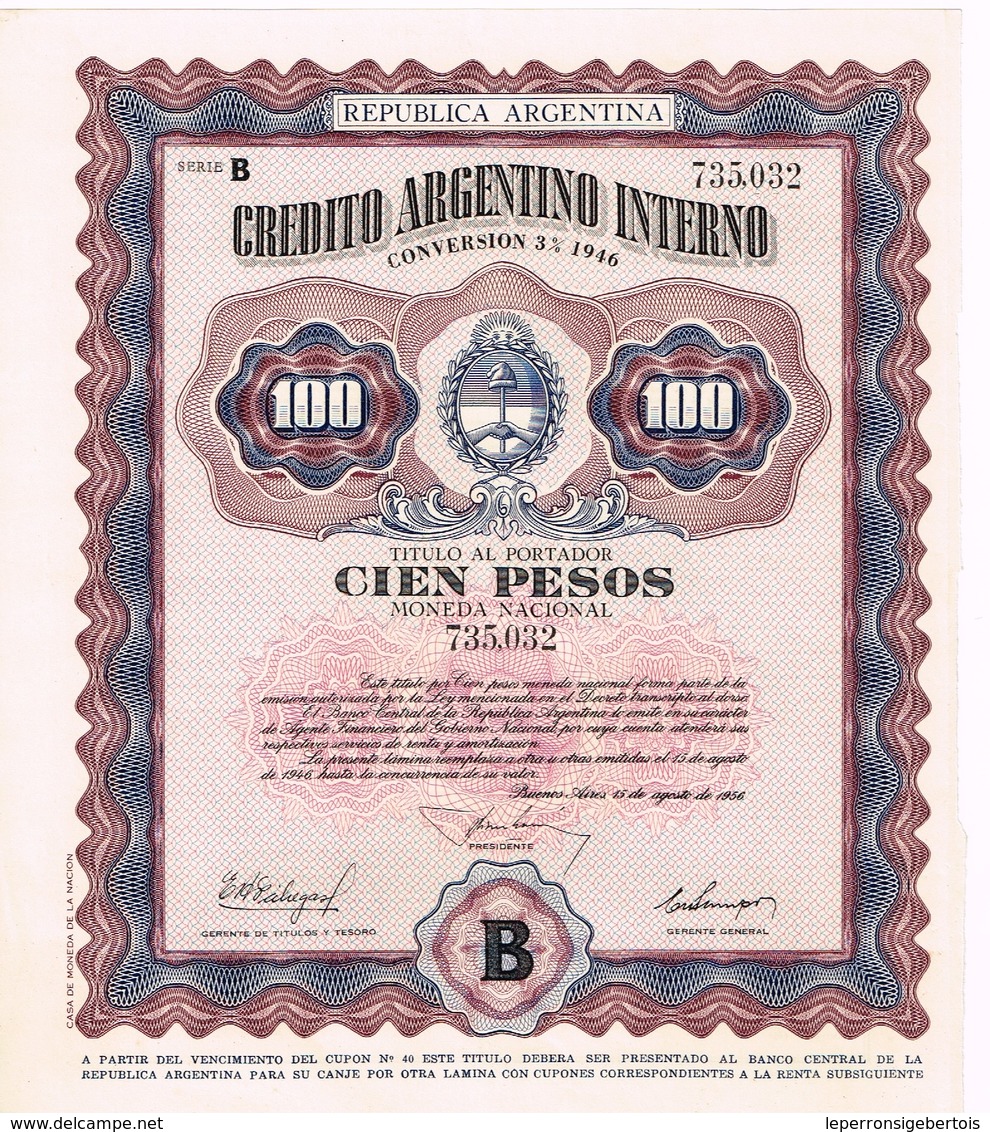 Obligation Ancienne - Credito Argentino Interno - Conversion 3ù 1946 - Titre De 1956 - A - C