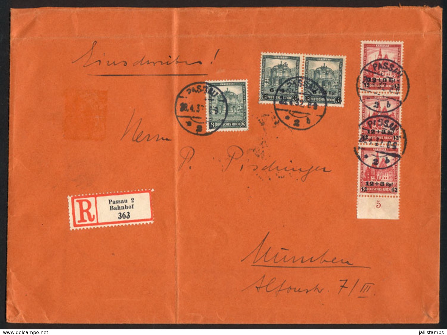18 GERMANY: Sc.B42/B43, 1932 Set Of 2 Surcharged Values, 3 Examples Of Each Value Franking A Registered Cover From Passa - Used Stamps