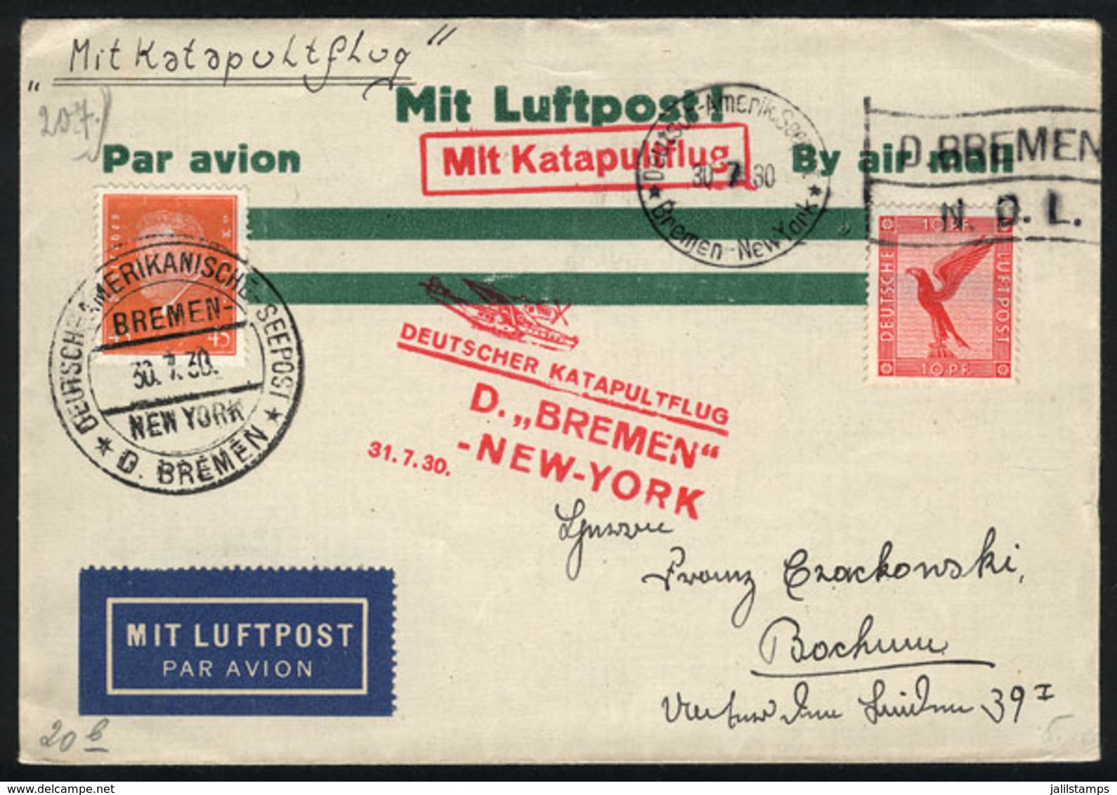 39 GERMANY: 30/JUL/1930 High Seas - New York, Cover Carried On Catapult Flight Via Ship Bremen, With Special Marks And P - Other & Unclassified