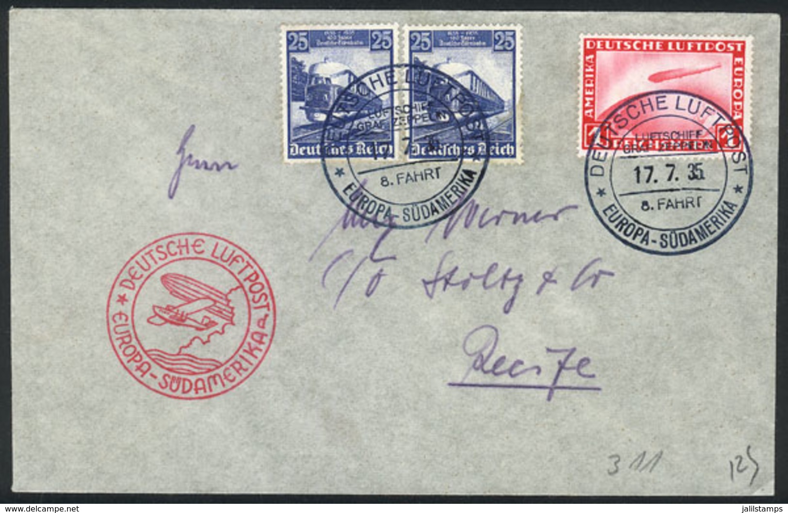 49 GERMANY: Cover Flown By ZEPPELIN, Dispatched Onboard On 17/JUL/1935, Handsome Postage, VF Quality! - Other & Unclassified