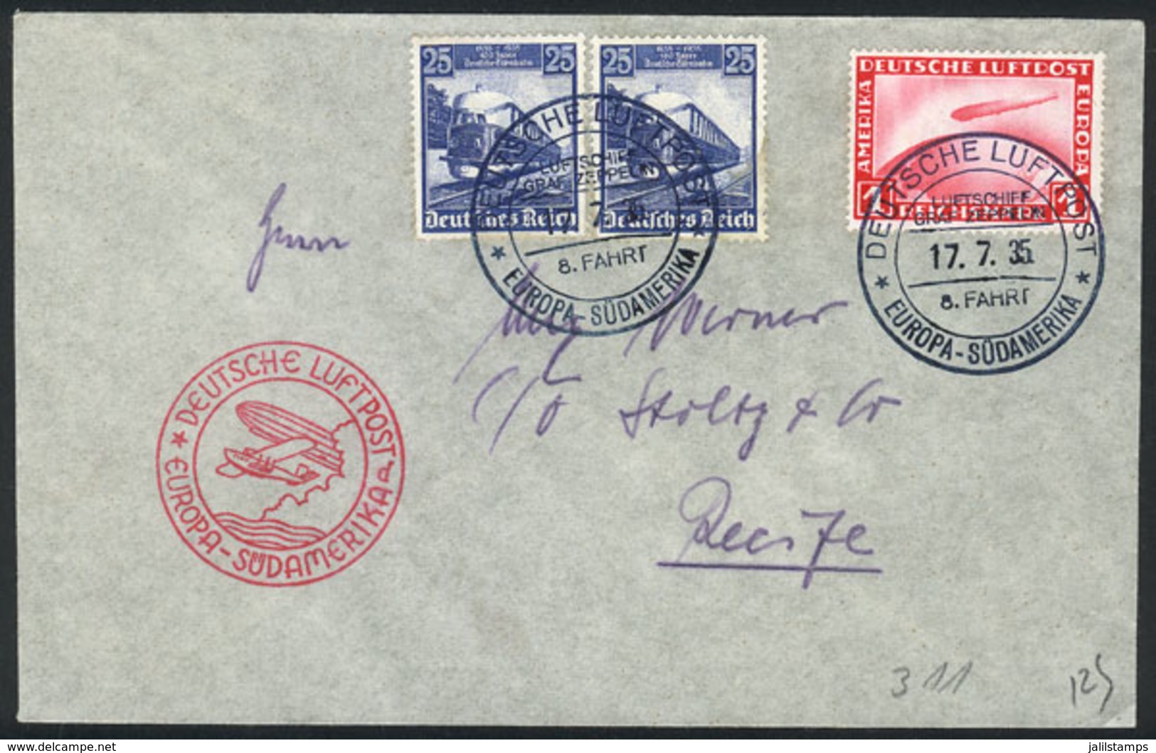 49 GERMANY: Cover Flown By ZEPPELIN, Dispatched Onboard On 17/JUL/1935, Handsome Postage, VF Quality! - Altri & Non Classificati