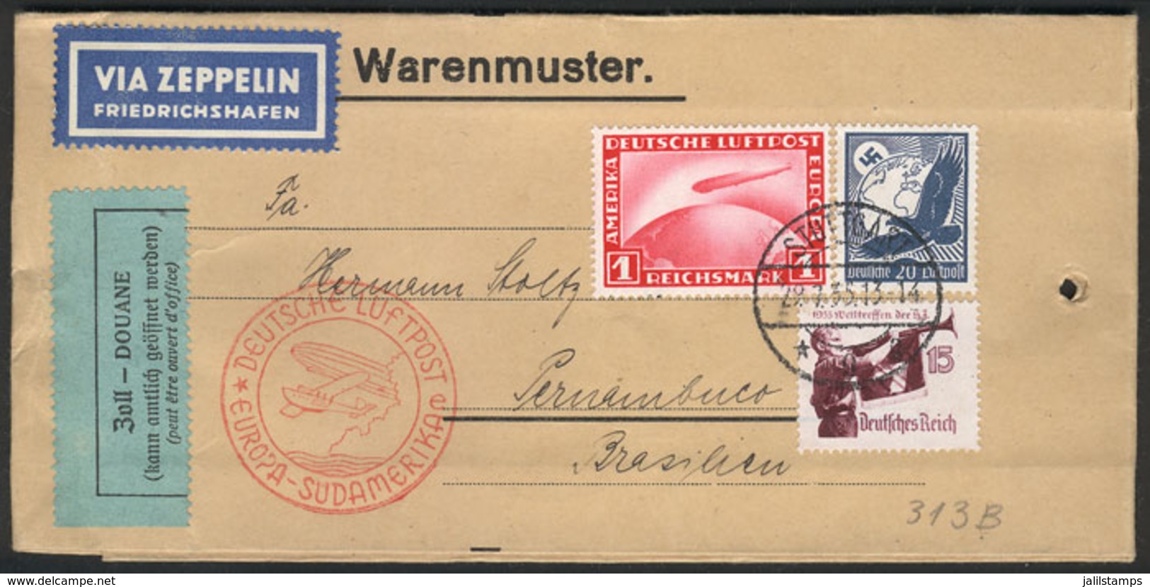 50 GERMANY: Envelope For Samples Sent By ZEPPELIN From Stuttgart To Brazil On 29/JUL/1935, Excellent Quality! - Other & Unclassified