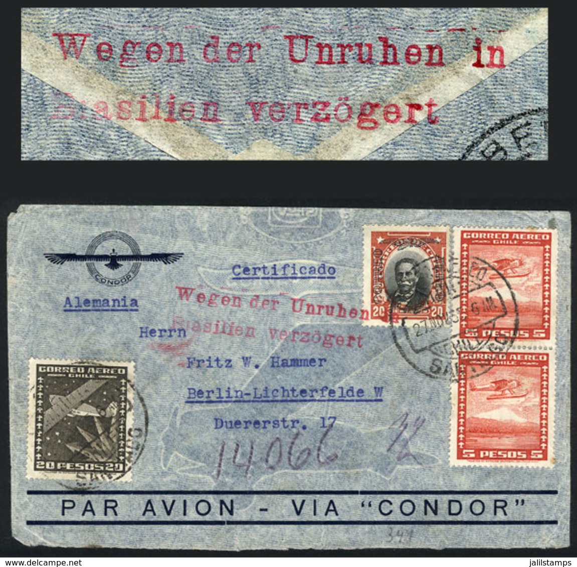 53 GERMANY: Airmail Cover Sent From Santiago De Chile To Berlin On 27/NO/1935, With Rare Rose Postal Mark: "Wegen Der Un - Other & Unclassified