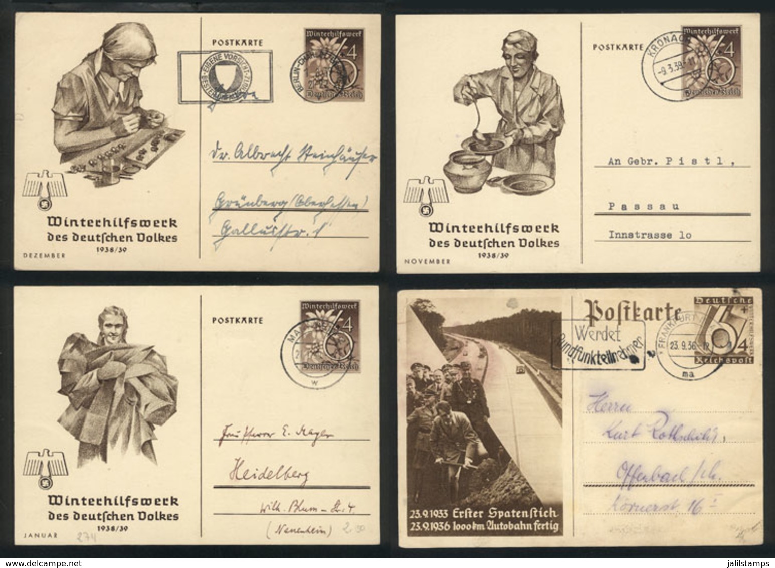 54 GERMANY: 4 Cards Illustrated With Nazi Motifs, Mailed Between 1936 And 1939, Fine Quality! - Other & Unclassified