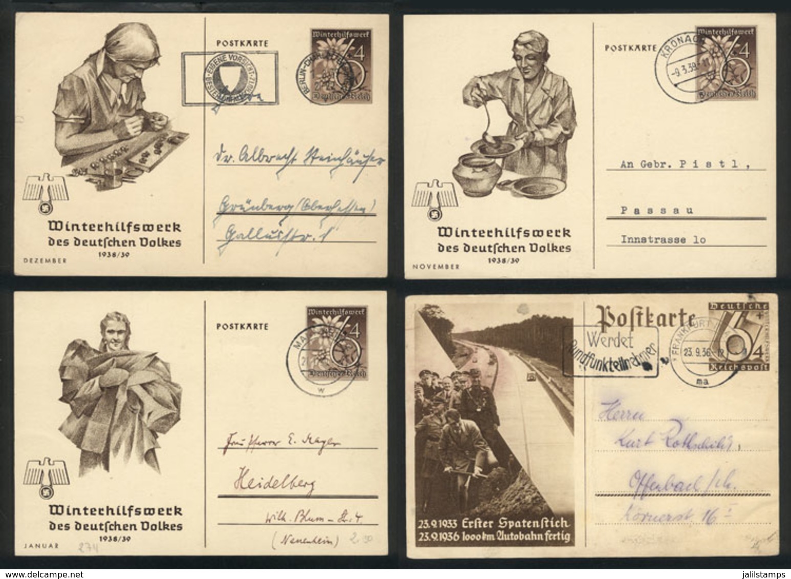 54 GERMANY: 4 Cards Illustrated With Nazi Motifs, Mailed Between 1936 And 1939, Fine Quality! - Autres & Non Classés