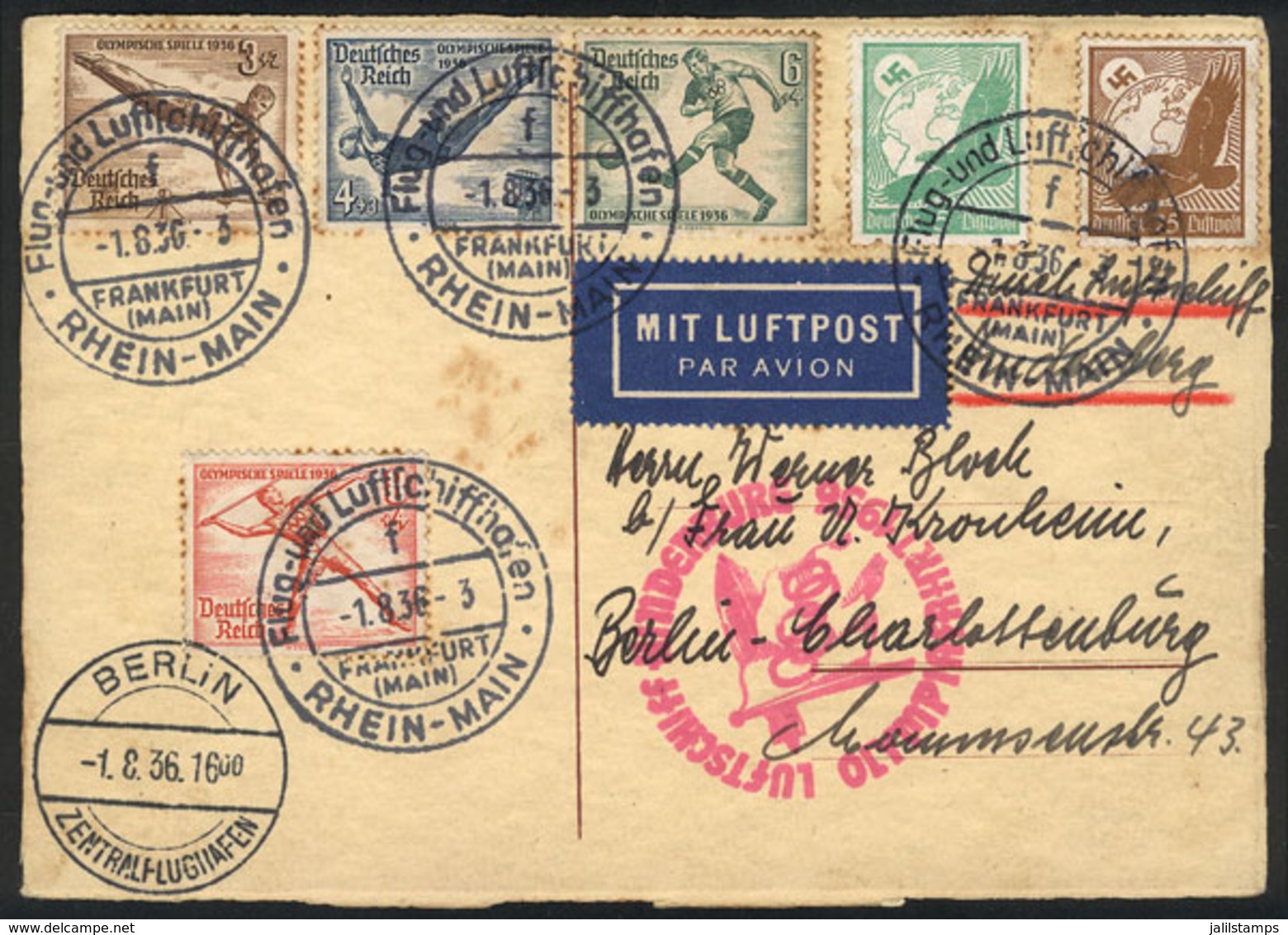 61 GERMANY: Card With Nice Postage Flown From Frankfurt To Berlin On 1/AU/1936 On The Special Zeppelin Flight For The BE - Sonstige & Ohne Zuordnung