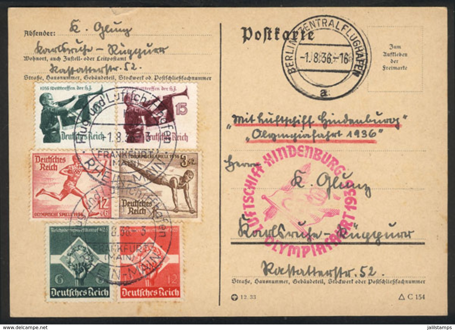 63 GERMANY: Card With Attractive Postage Flown From Frankfurt To Berlin On 1/AU/1936 On The Special Zeppelin Flight For  - Sonstige & Ohne Zuordnung