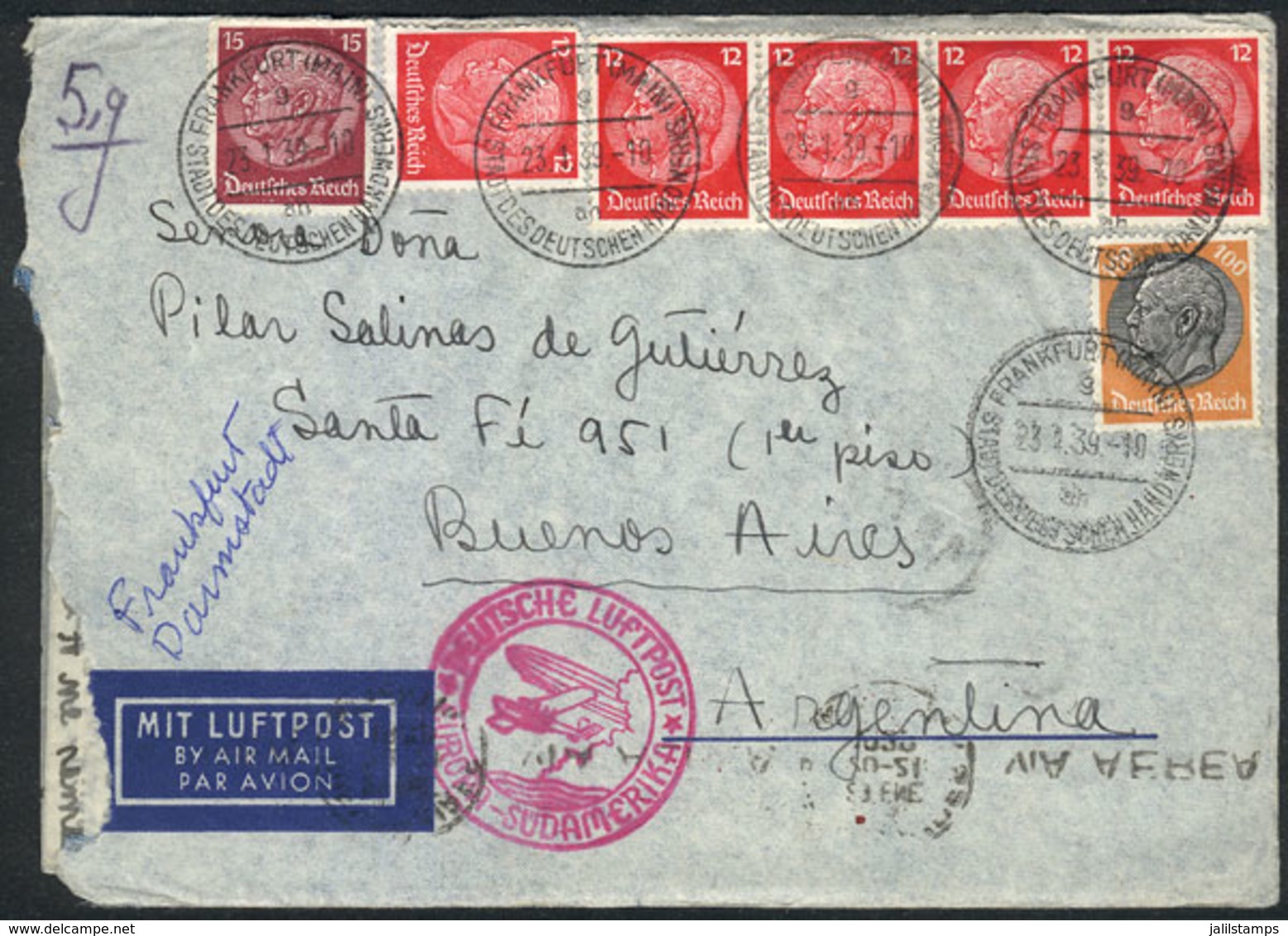 75 GERMANY: Airmail Cover With Its Original Letter Sent From Frankfurt To Argentina On 22/JA/1939 With Nice Postage Of 1 - Other & Unclassified