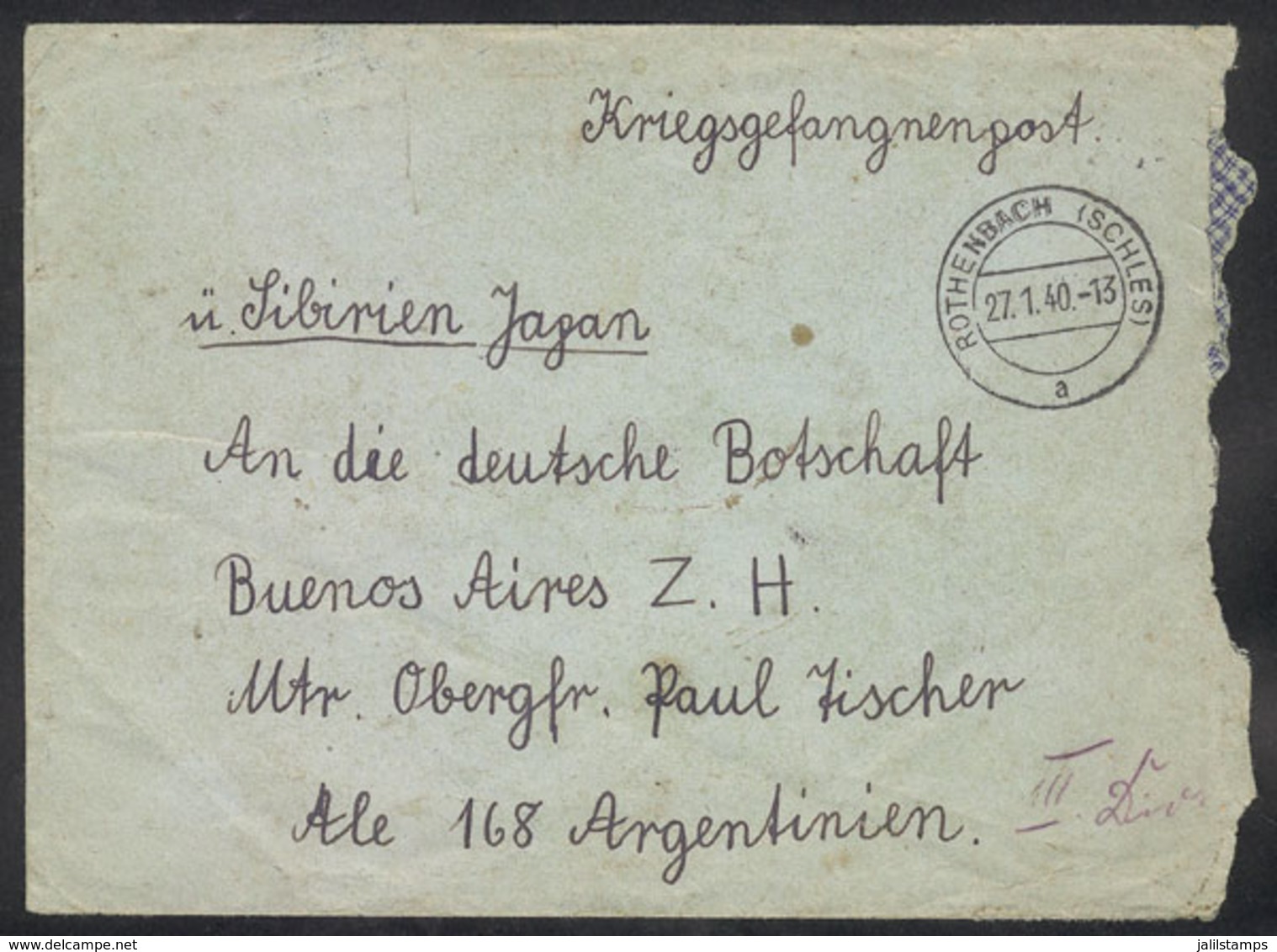 82 GERMANY: WWII INTERNED GERMAN SAILORS OF CRUISER GRAF SPEE IN ARGENTINA: Cover Sent From Rothenbach On 27/JA/1940 To  - Altri & Non Classificati