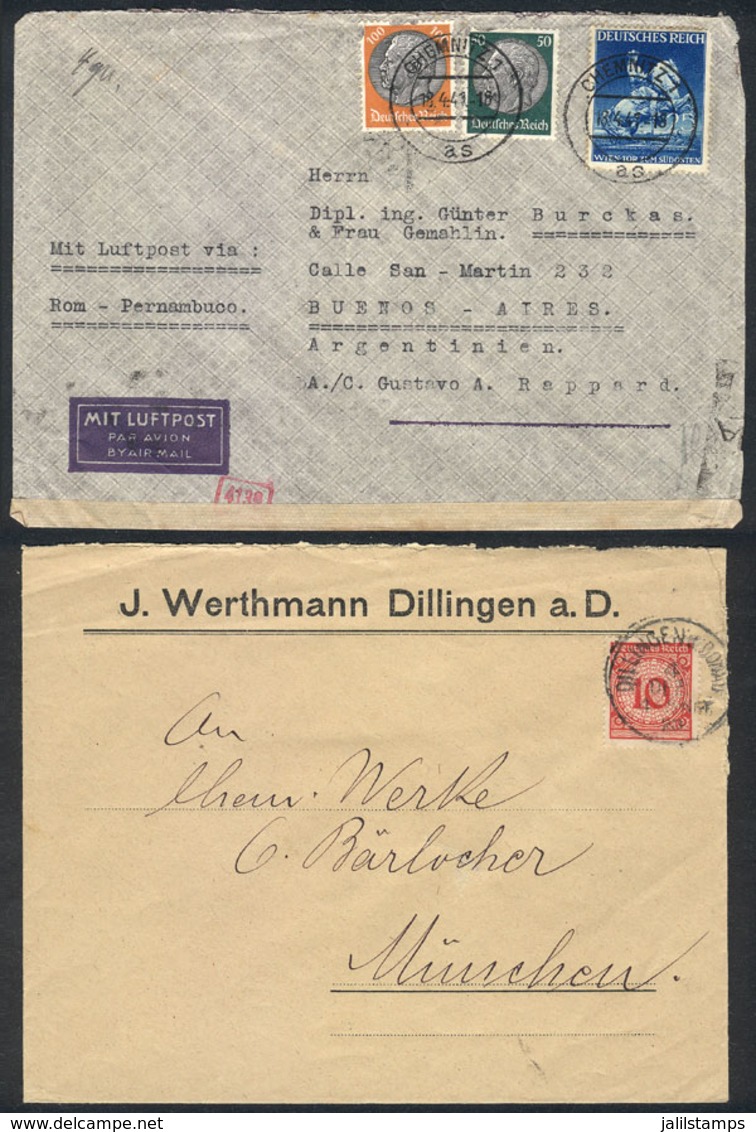 87 GERMANY: 2 Covers: One Sent By Airmail From Chemnitz To Argentina On 18/AP/1941 With Nice Postage And Censored, And A - Other & Unclassified