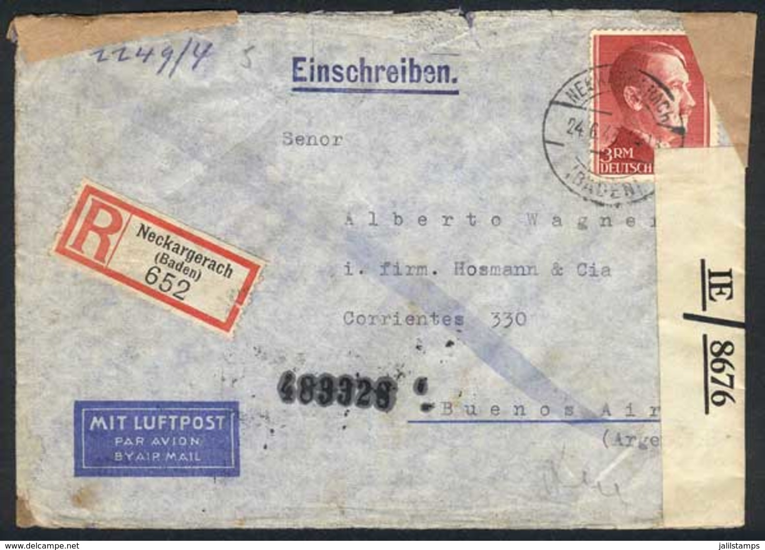 90 GERMANY: Registered Air Mail Cover Sent To Argentina On 24/JUN/1943, Franked By Michel 801 Alone (3RM. Hitler), With  - Sonstige & Ohne Zuordnung