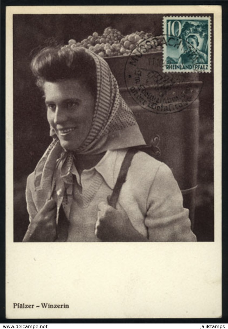 128 GERMANY - FRENCH OCCUPATION - R.PFALZ: Maximum Card Of OC/1949: Woman Carrying Grapes, Wine, With Special Pmk, VF Qu - Sonstige & Ohne Zuordnung