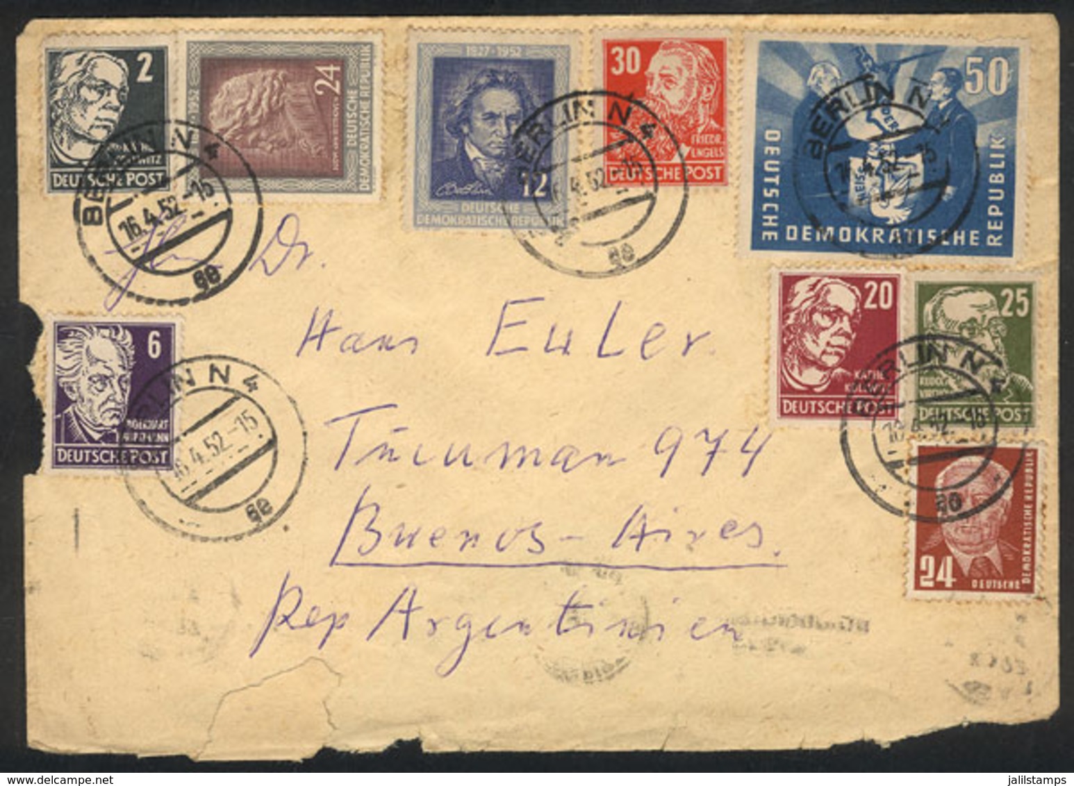 138 EAST GERMANY: Cover Sent From Berlin To Argentina On 16/AP/1952 With Very Nice Multicolor Postage, The Envelope With - Other & Unclassified