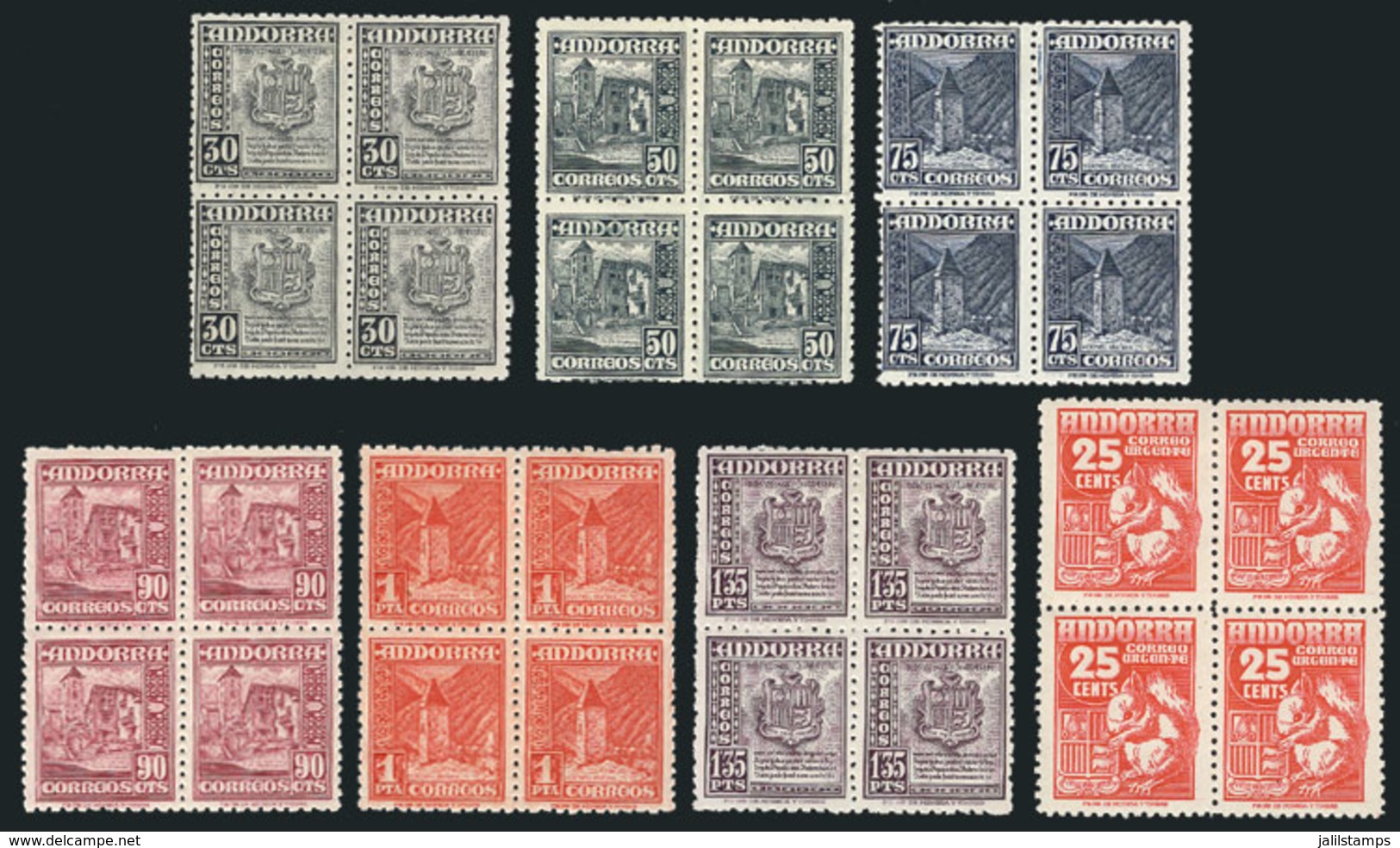 142 SPANISH ANDORRA: Yvert 45/50 + 52, Blocks Of 4, The Bottom Stamps In Each Block Are MNH, Very Fine Quality, Catalog  - Ungebraucht