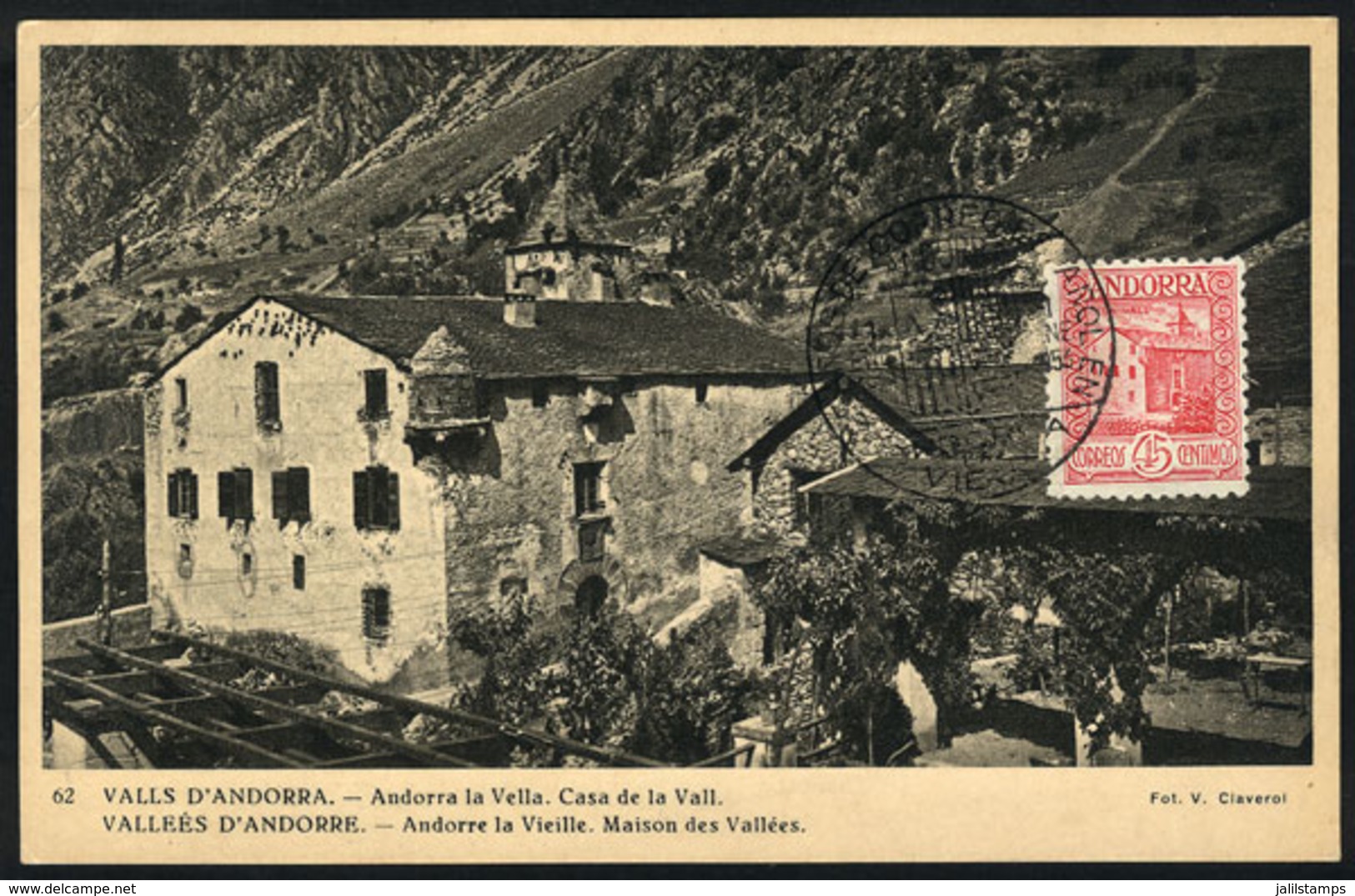 148 SPANISH ANDORRA: Maximum Card Of 13/JA/1953: Casa De La Vall, With Special Pmk ""25 Years Spanish Mail"", VF Quality - Oblitérés