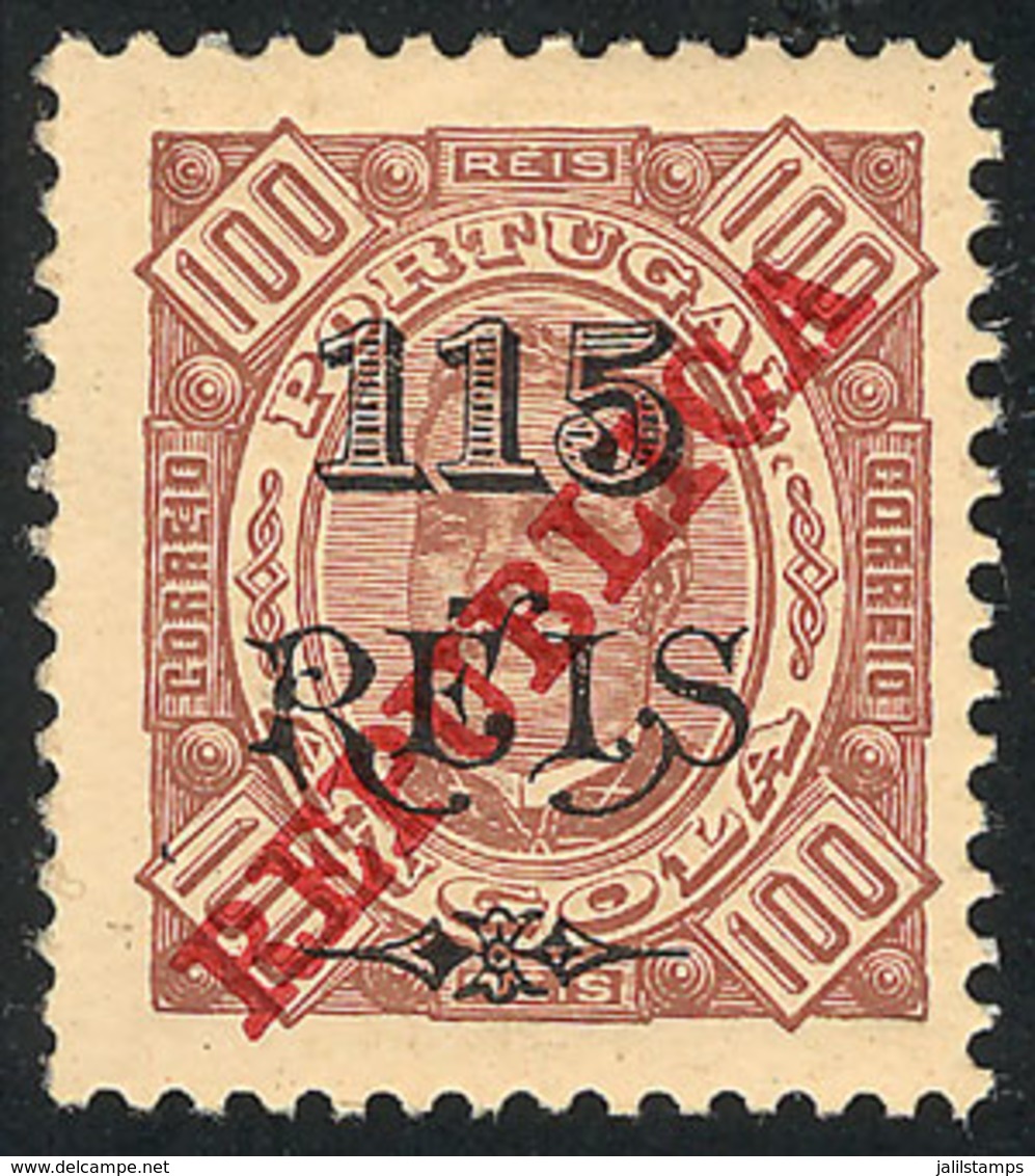 163 ANGOLA: SC.212a, 1915 115r. On 100r. Perf 11½, Mint Lightly Hinged, VF Quality, Catalog Value US$100 - Angola