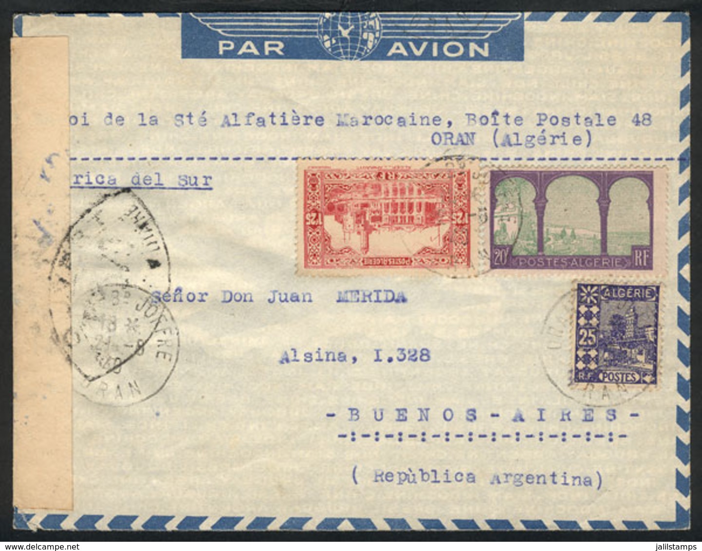 191 ALGERIA: Airmail Cover Sent From Oran To Argentina On 21/AU/1940, Nice Franking And Censor Marks, VF Quality! - Sonstige & Ohne Zuordnung