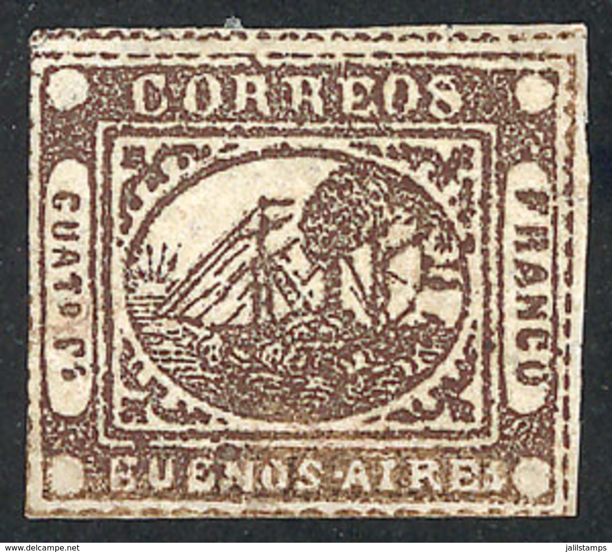 196 ARGENTINA: GJ.9, 4R. Chestnut, Type 16, Mint Without Gum, 3 Ample Margins (one Immense Stealing Frame Of Neighboring - Buenos Aires (1858-1864)