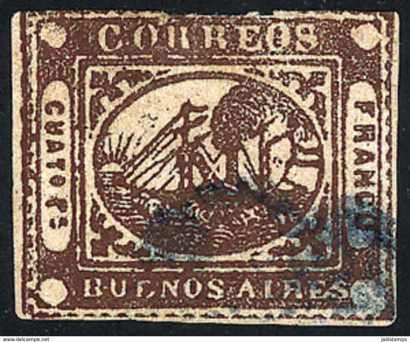 197 ARGENTINA: GJ.9A, 4Rs. Chocolate, Type 17 On The Kneitschel Reconstruction, Used With Blue Ponchito Cancel Of San Ni - Buenos Aires (1858-1864)