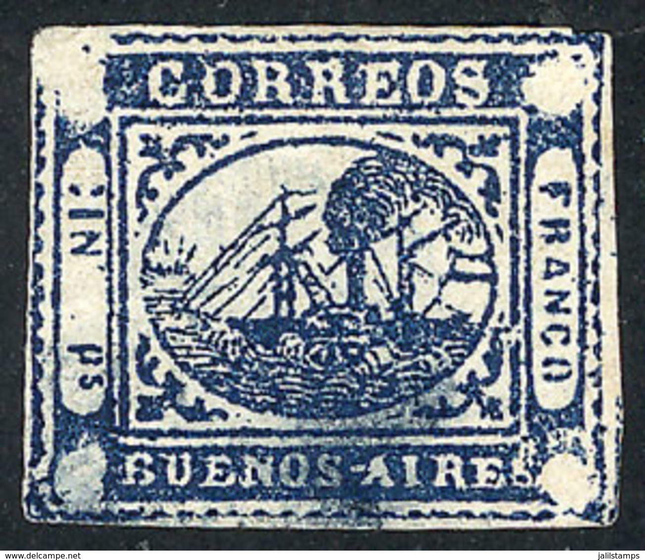 200 ARGENTINA: GJ.11, IN Ps. Blue, Type 40 On The Sheet, With Blue Ponchito Cancel Of San Nicolás, With 4 Wide Margins,  - Buenos Aires (1858-1864)