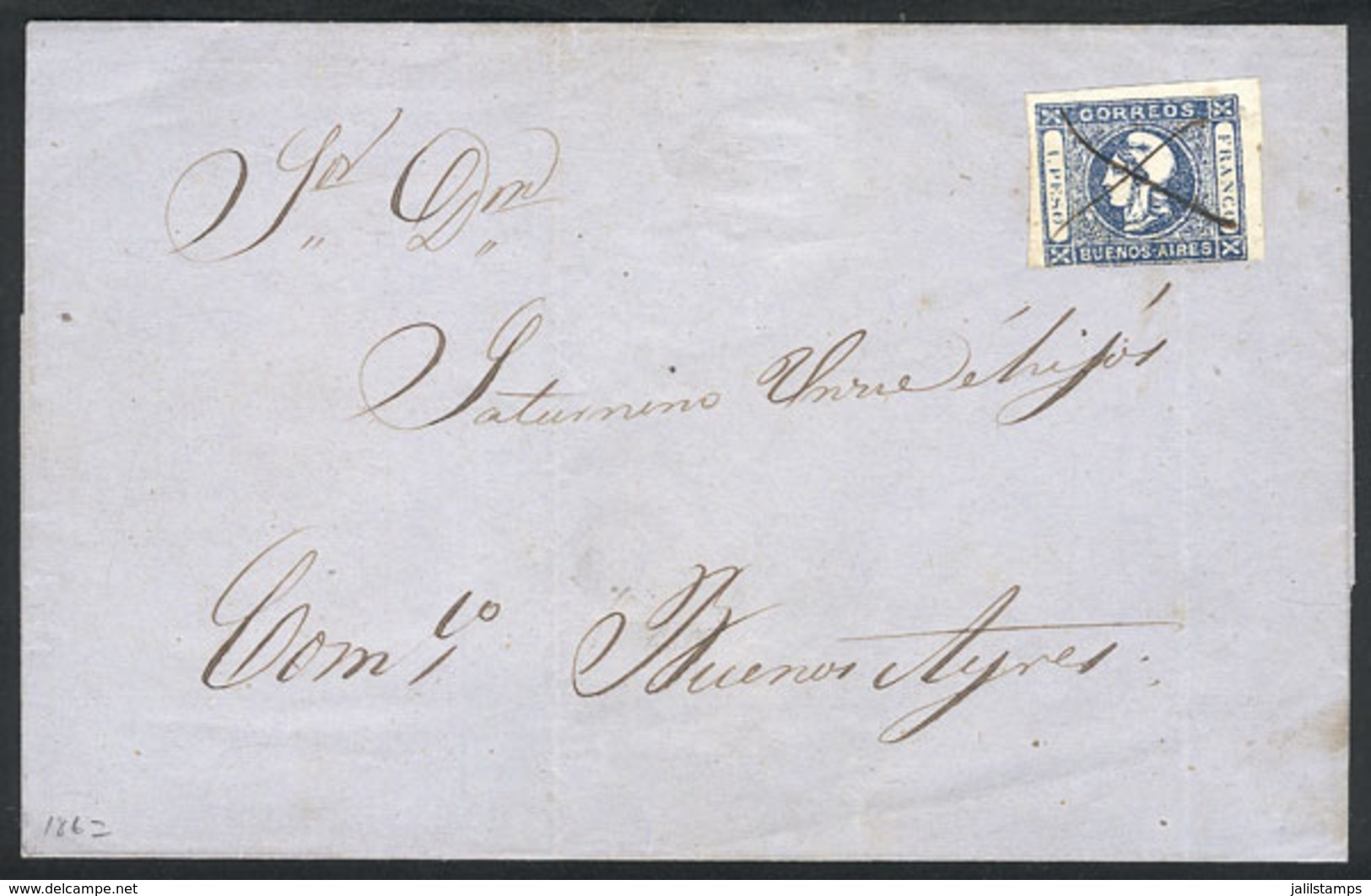 204 ARGENTINA: GJ.17, Franking A Folded Cover Dated ""Crespo 8/JUN/1862"", Pen Cancelled, To Buenos Aires Aires, Interes - Buenos Aires (1858-1864)