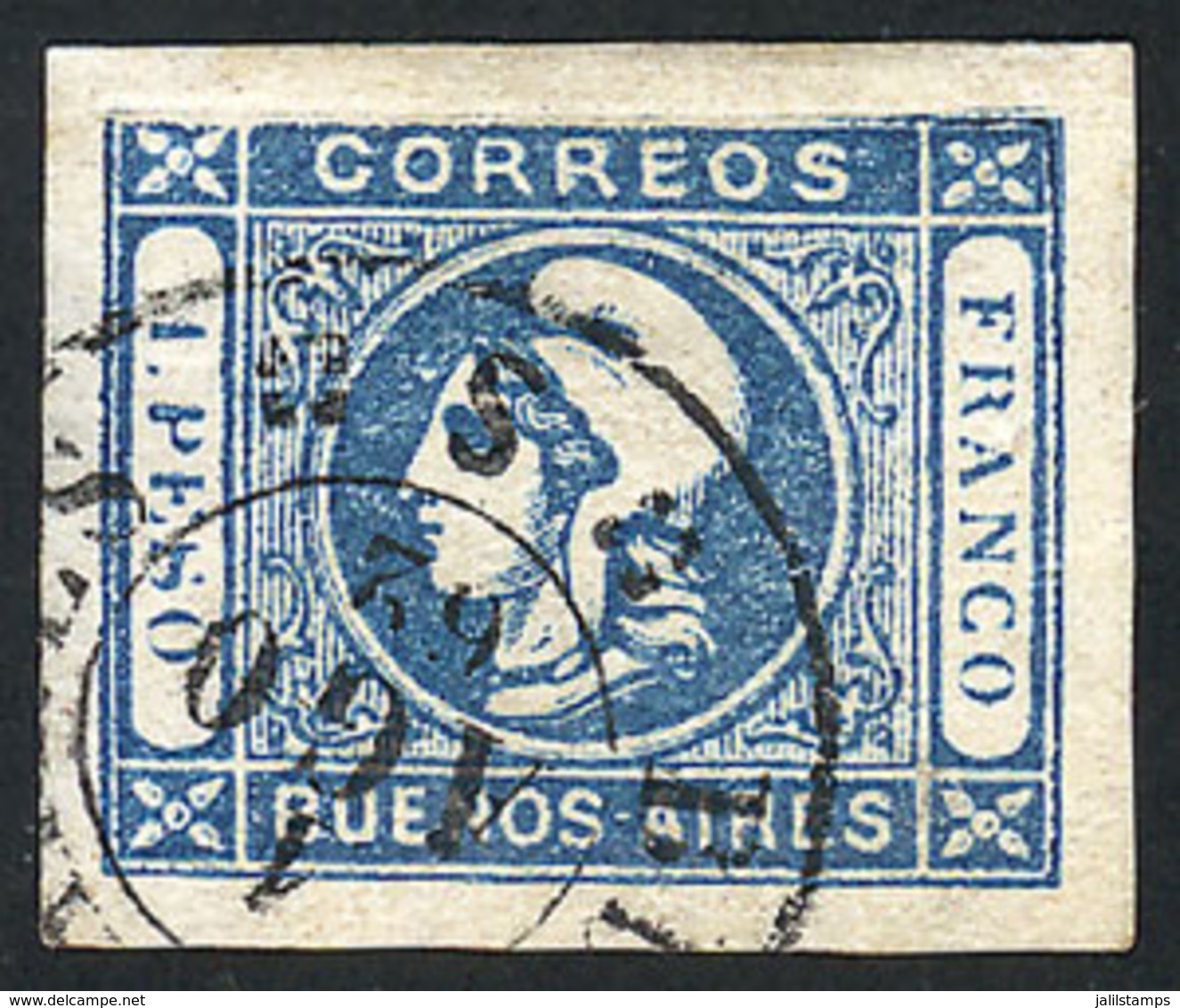 205 ARGENTINA: GJ.17, 1P. Blue, Semi-clear Impression, With VARIETY: Top Frame Line OMITTED, Rare And Fantastic, With Ti - Buenos Aires (1858-1864)