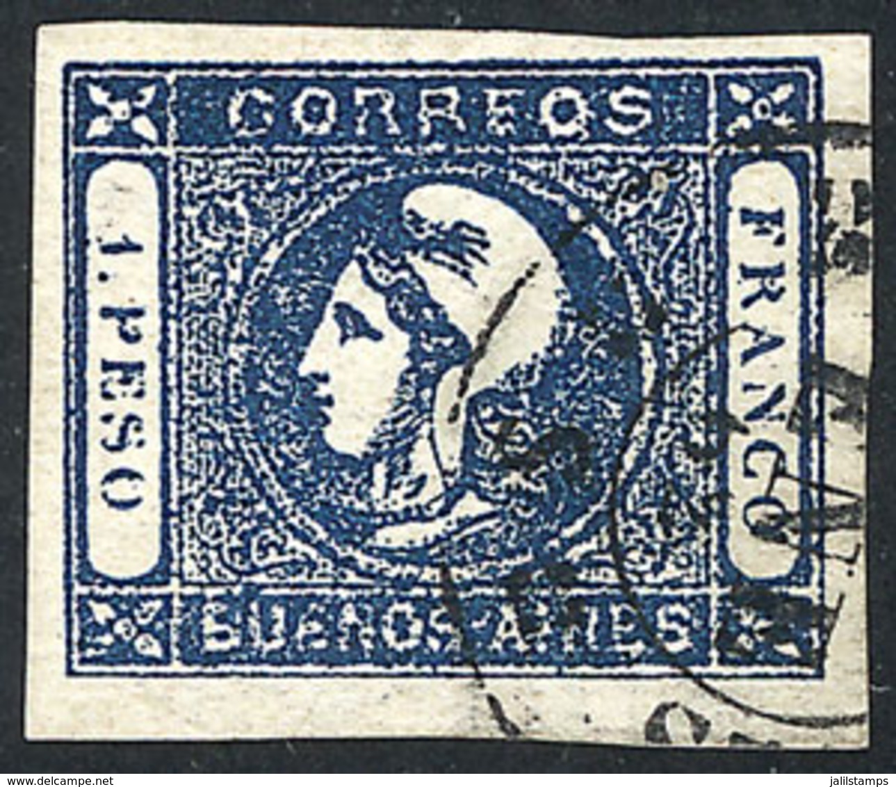 206 ARGENTINA: GJ.17A, 1P. INDIGO Blue, Fantastic Example Of Very Wide Margins And Good Color, Very Fine Quality! - Buenos Aires (1858-1864)