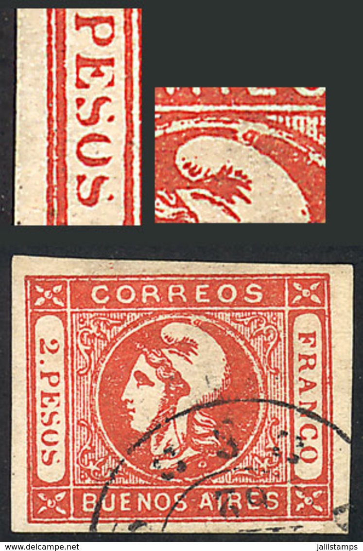 208 ARGENTINA: GJ.18, 2P. Red, Dull Impression, With VARIETIES: 3 Last Letters Of 'PESOS' Incomplete At Top And Flaw In  - Buenos Aires (1858-1864)